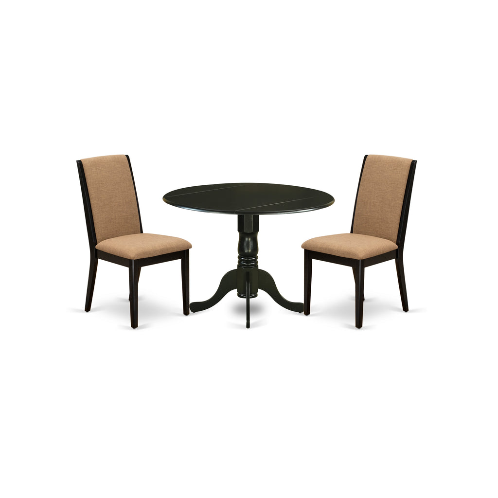 East West Furniture DLLA3-BLK-47 3 Piece Dining Table Set Contains a Round Dining Room Table with Dropleaf and 2 Light Sable Linen Fabric Upholstered Chairs, 42x42 Inch, Black