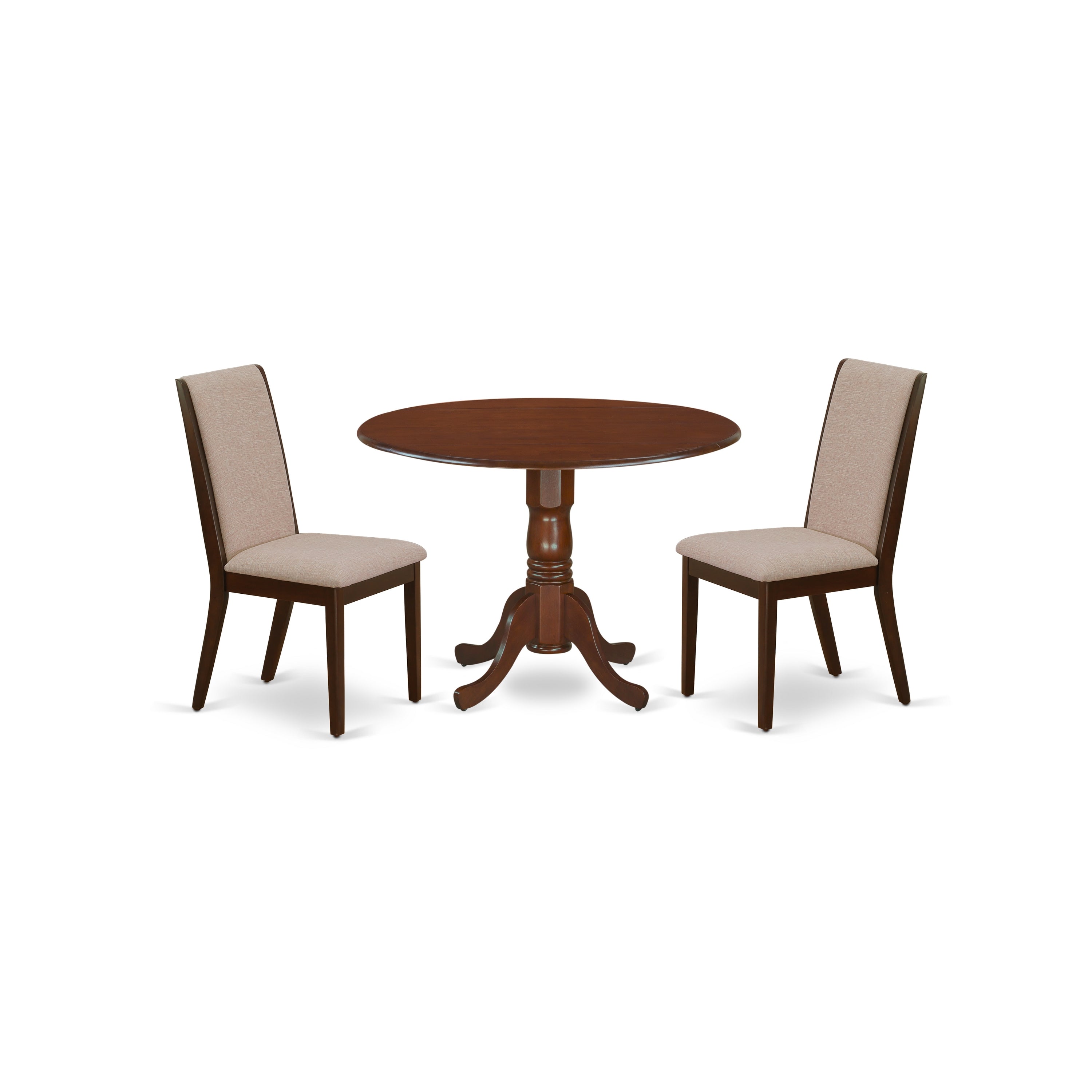 East West Furniture DLLA3-MAH-04 3-Pc Dining Room Table Set Included a Round Dining Table & 2 Modern Dining Chairs, Light Tan Linen Fabric Parsons Dining Room Chairs Seat with Rubber Wood Legs, Mahogany Finish
