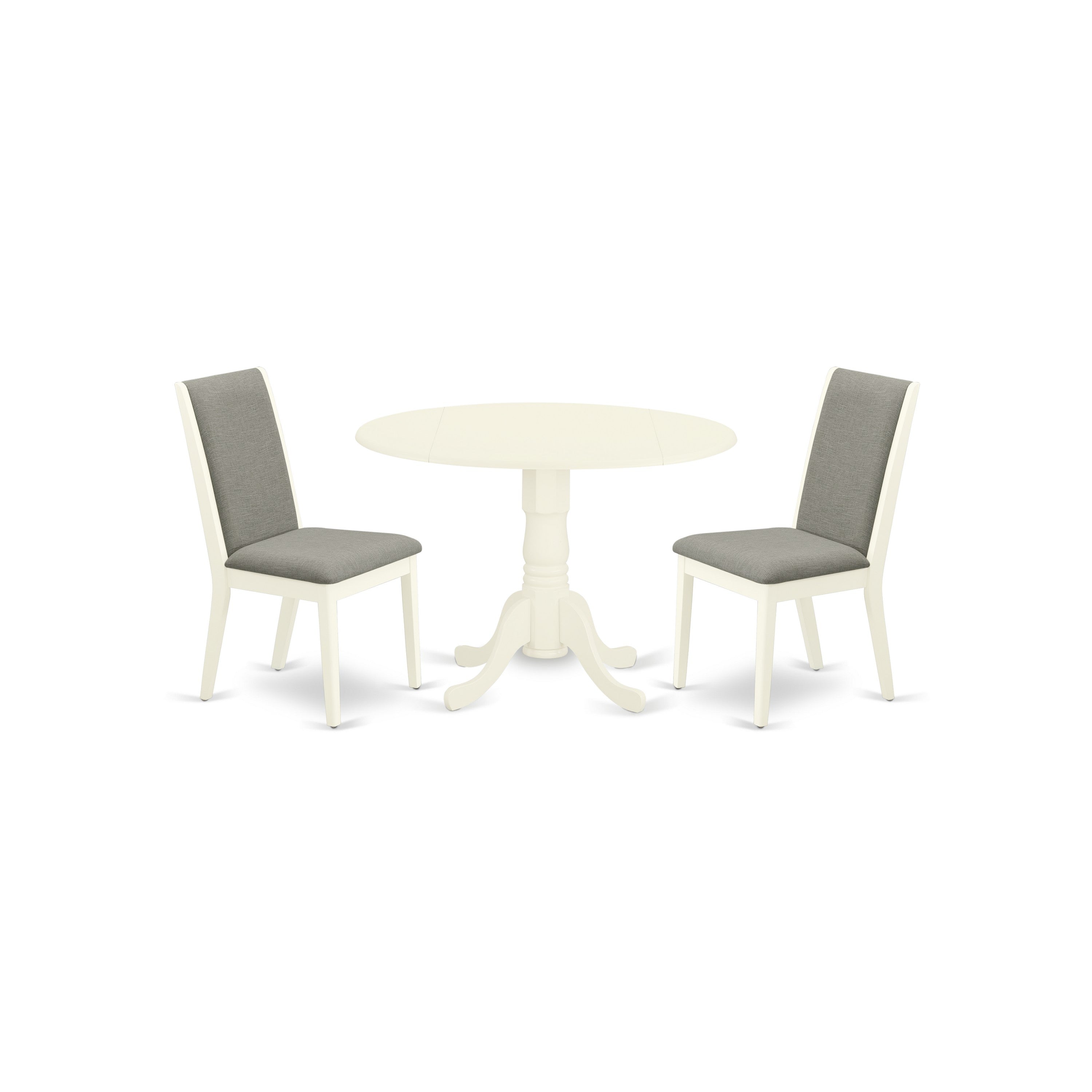 East West Furniture DLLA3-WHI-06 3-Piece Kitchen Dining Table Set Included a Round Breakfast Table & 2 Parsons Dining Room Chairs, Shitake Linen Fabric Kitchen Chairs Seat with Rubber Wood Legs, Linen White Finish