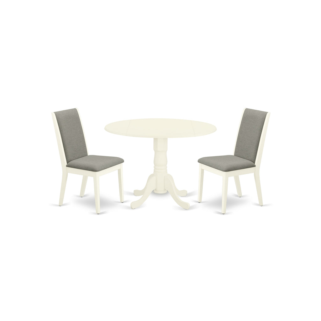 Juego de mesa de cocina de 3 piezas East West Furniture DLLA3-WHI-06 para espacios pequeños. Contiene una mesa de comedor redonda con pedestal y 2 sillas tapizadas en tela de lino Shitake.