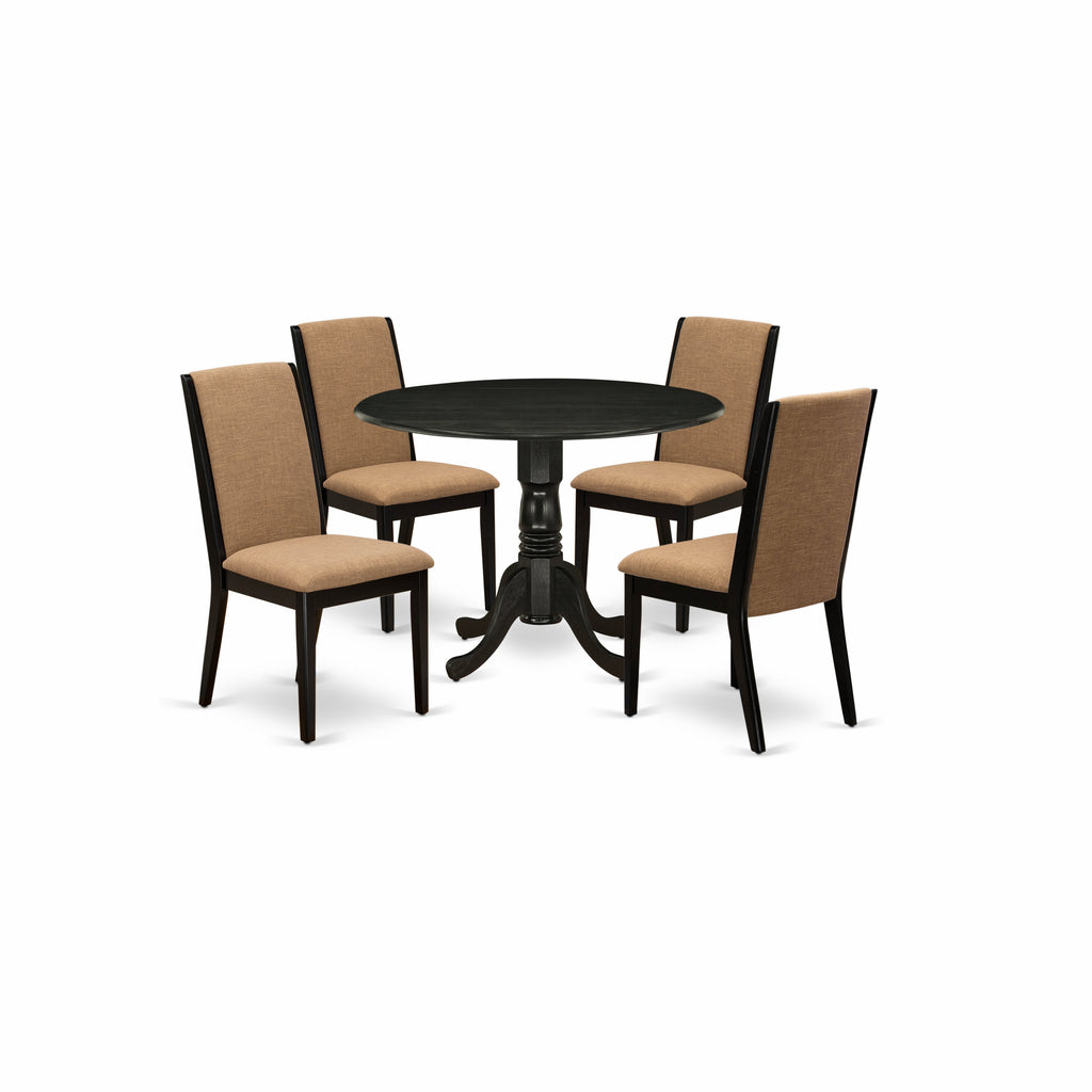 East West Furniture DLLA5-ABK-47 5 Piece Dining Table Set for 4 Includes a Round Kitchen Table with Dropleaf and 4 Light Sable Linen Fabric Parsons Dining Chairs, 42x42 Inch, Wirebrushed Black