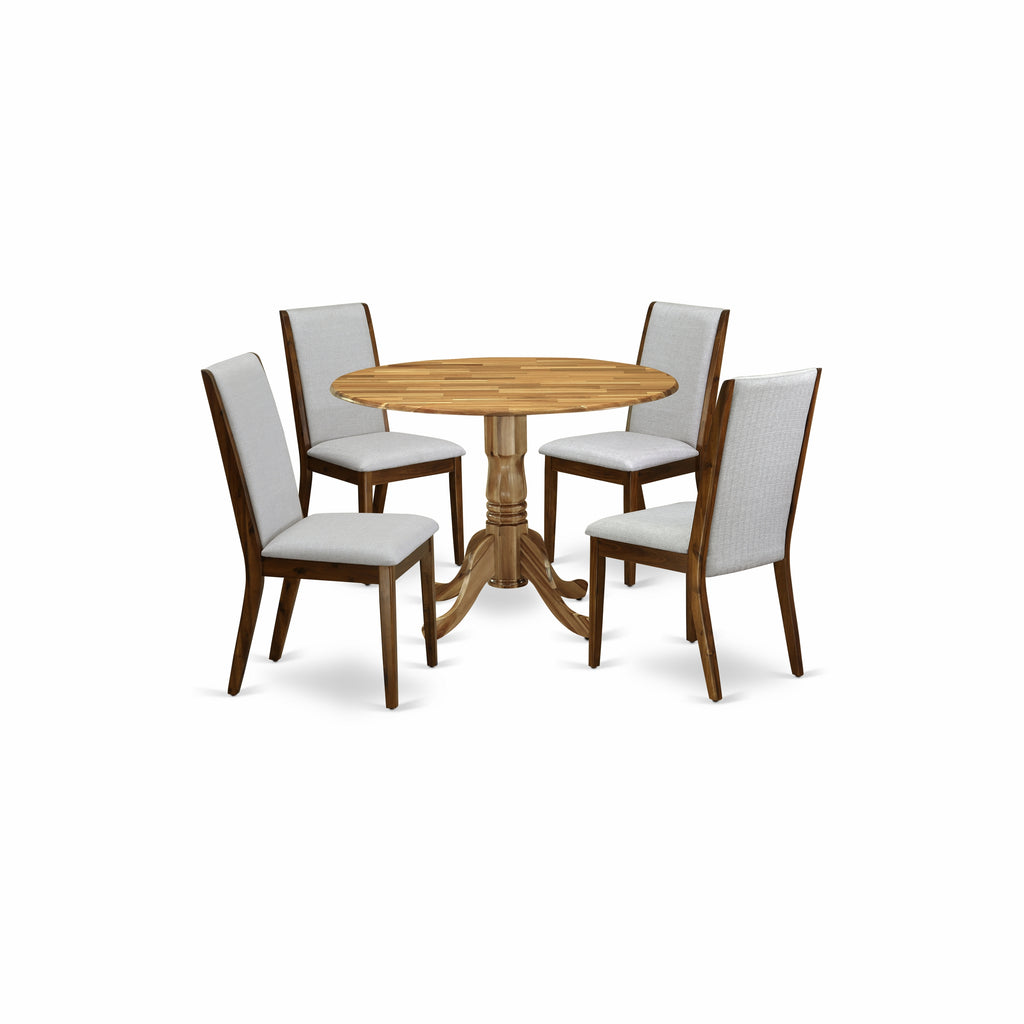 East West Furniture DLLA5-ANA-05 5 Piece Dining Room Table Set Includes a Round Dining Table with Dropleaf and 4 Grey Linen Fabric Upholstered Parson Chairs