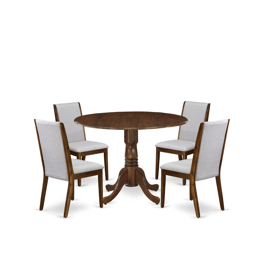 East West Furniture DLLA5-AWA-05 5 Piece Dinette Set for Small Spaces Contains a Round Dining Room Table with Dropleaf and 4 Upholstered Chairs