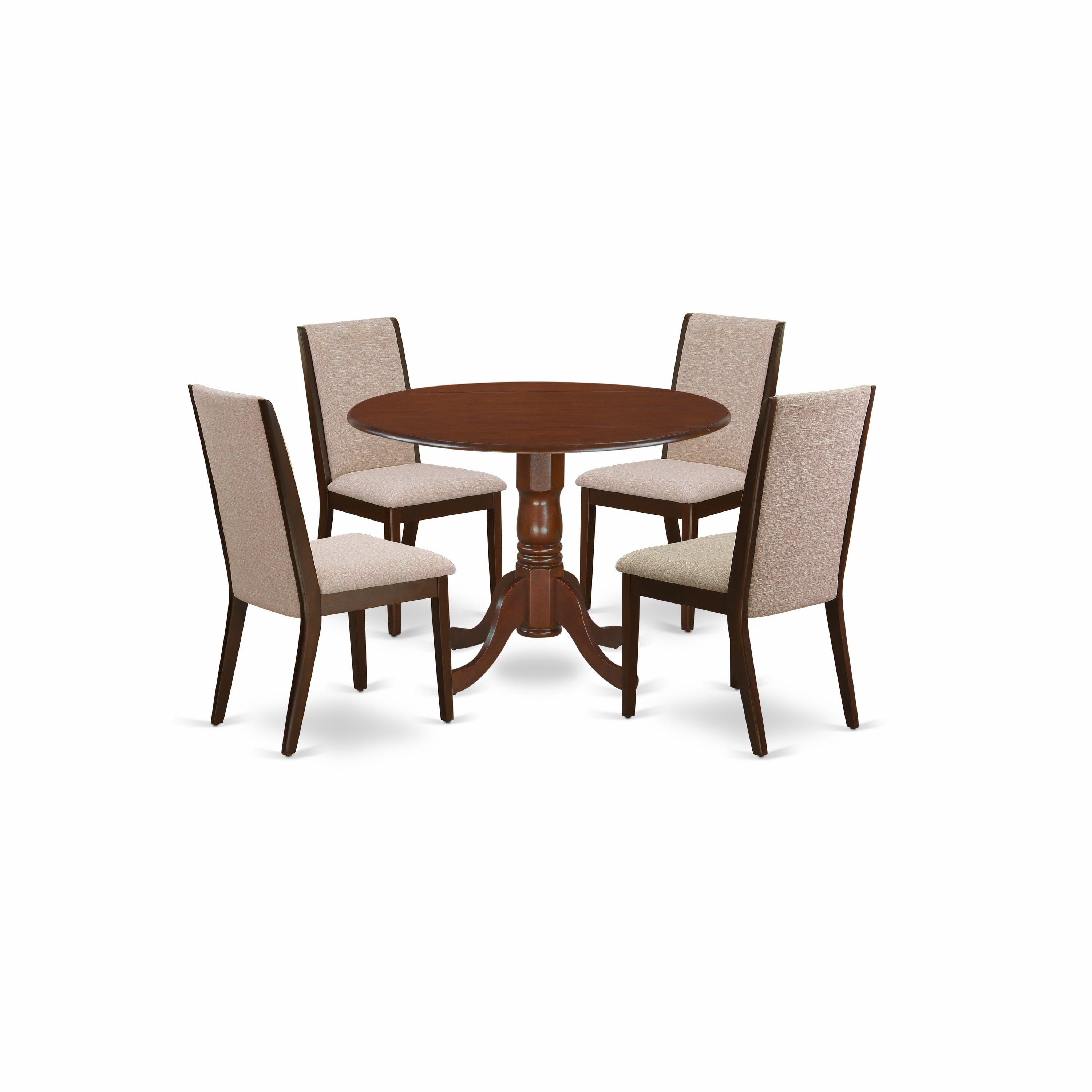 Juego de mesa de cocina de 5 piezas East West Furniture DLLA5-MAH-04 para 4 personas. Incluye una mesa de comedor redonda con alas abatibles y 4 sillas de comedor Parson de tela de lino color tostado claro.