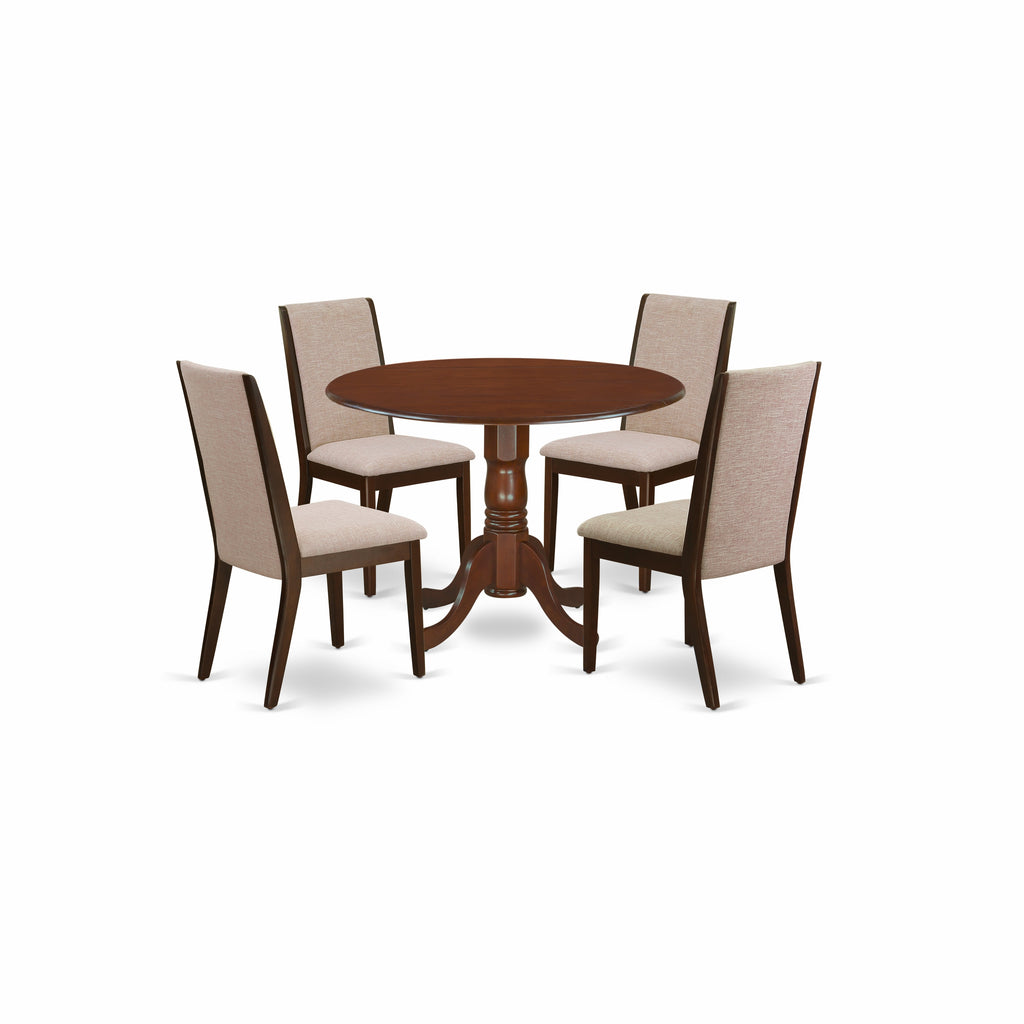 East West Furniture DLLA5-MAH-04 5 Piece Kitchen Table Set for 4 Includes a Round Dining Table with Dropleaf and 4 Light Tan Linen Fabric Parson Dining Chairs