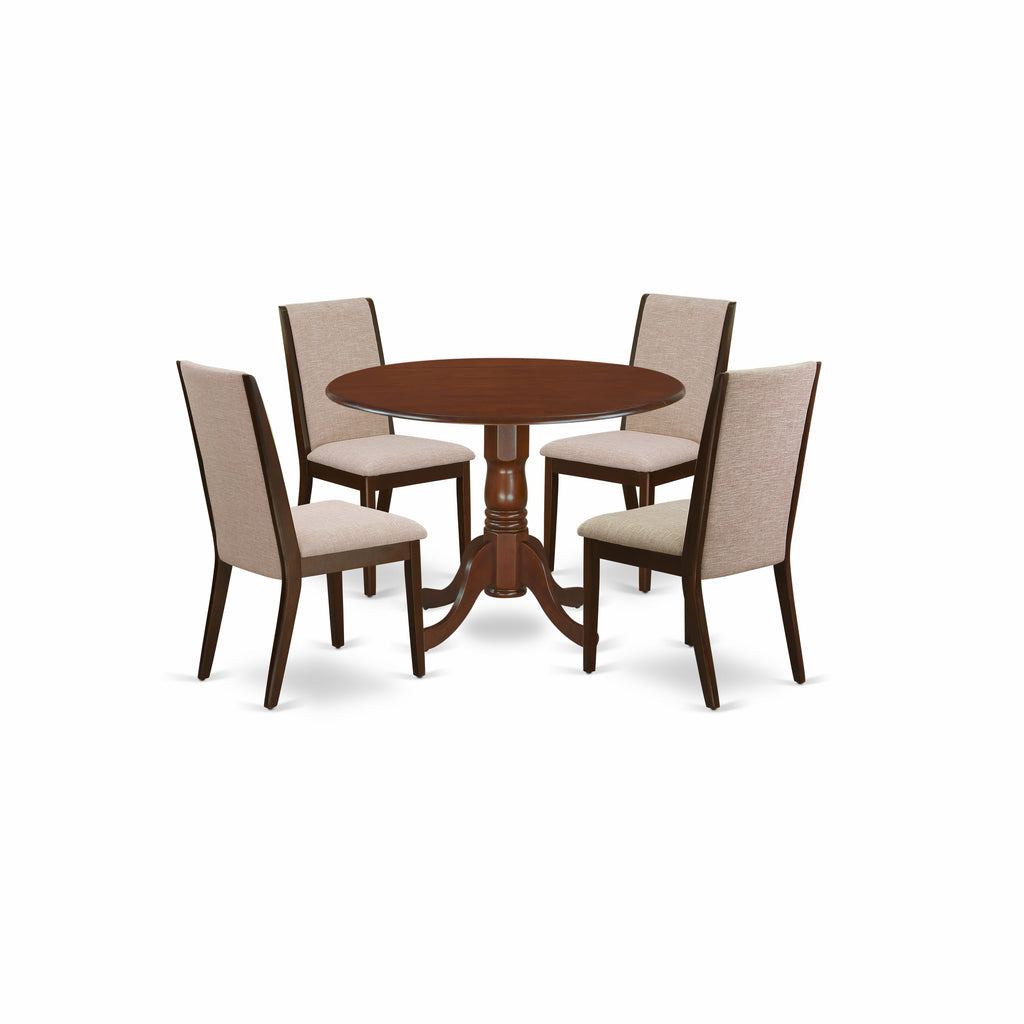 East West Furniture DLLA5-MAH-04 5 Piece Kitchen Table Set for 4 Includes a Round Dining Table with Dropleaf and 4 Light Tan Linen Fabric Parson Dining Chairs, 42x42 Inch, Mahogany