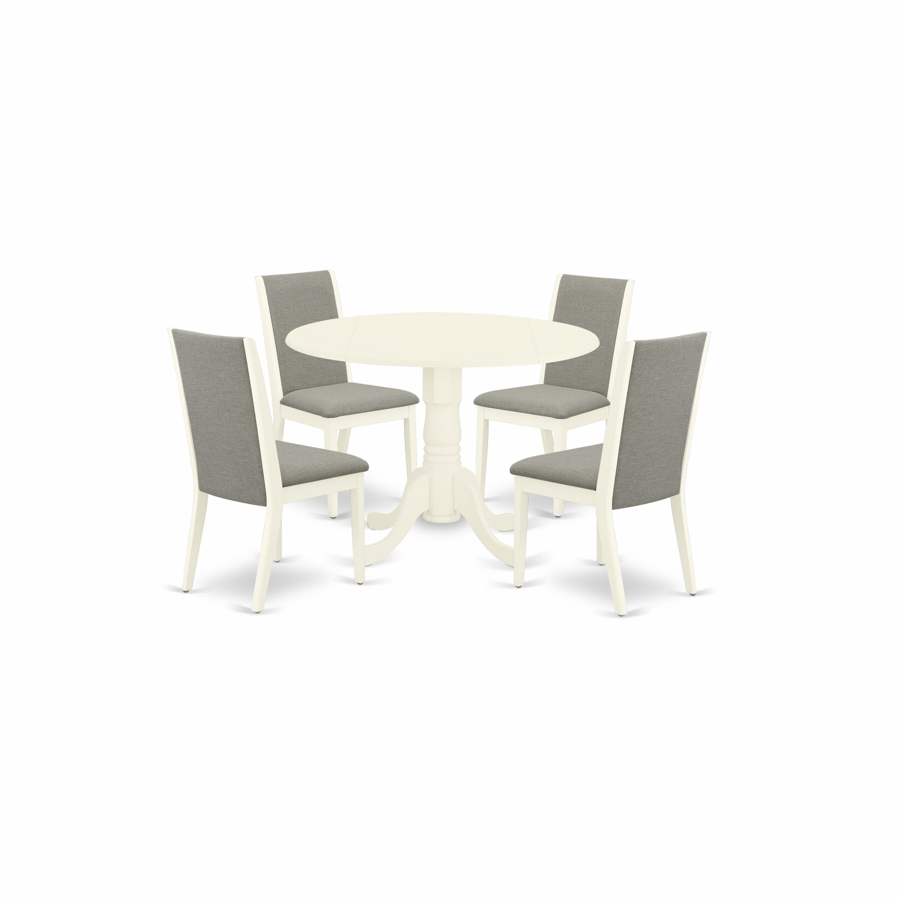 East West Furniture DLLA5-WHI-06 5-Piece Kitchen Table Set Included a Round Dining Room Table & 4 Upholstered Dining Chairs, Shitake Linen Fabric Parsons Chairs Seat with Rubber Wood Legs, Linen White Finish