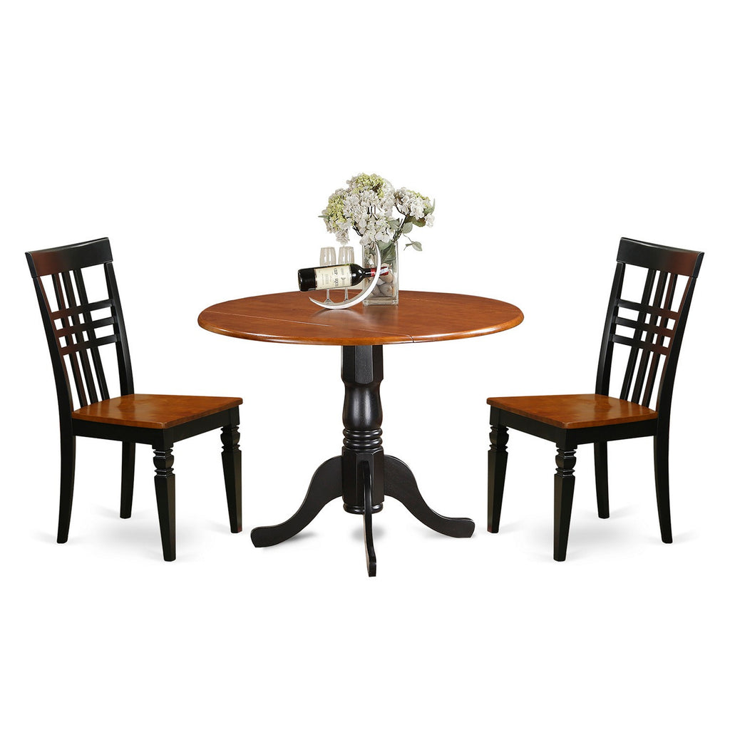 Juego de mesa de comedor de 3 piezas East West Furniture DLLG3-BCH-W. Incluye una mesa de cocina redonda con alas abatibles y 2 sillas de comedor.