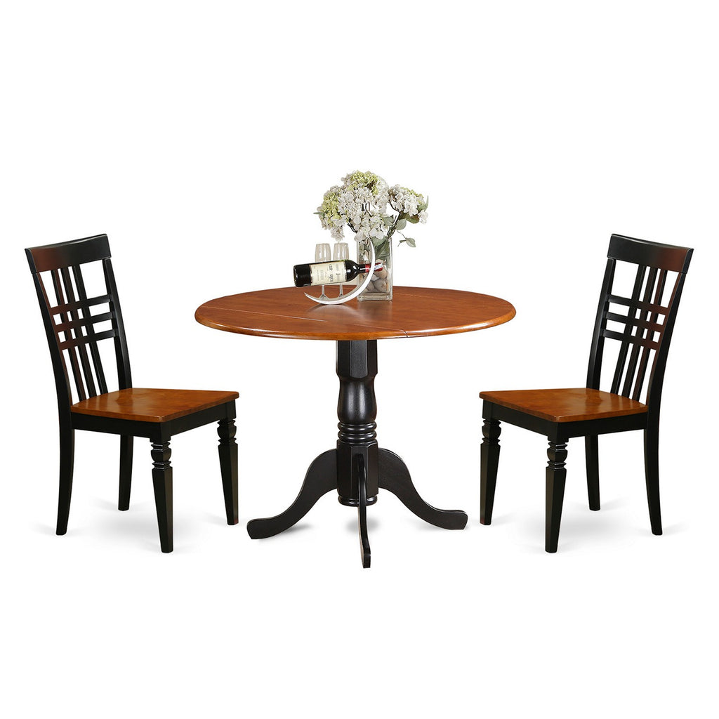 East West Furniture DLLG3-BCH-W 3 Piece Dining Room Table Set  Contains a Round Kitchen Table with Dropleaf and 2 Dining Chairs, 42x42 Inch, Black & Cherry