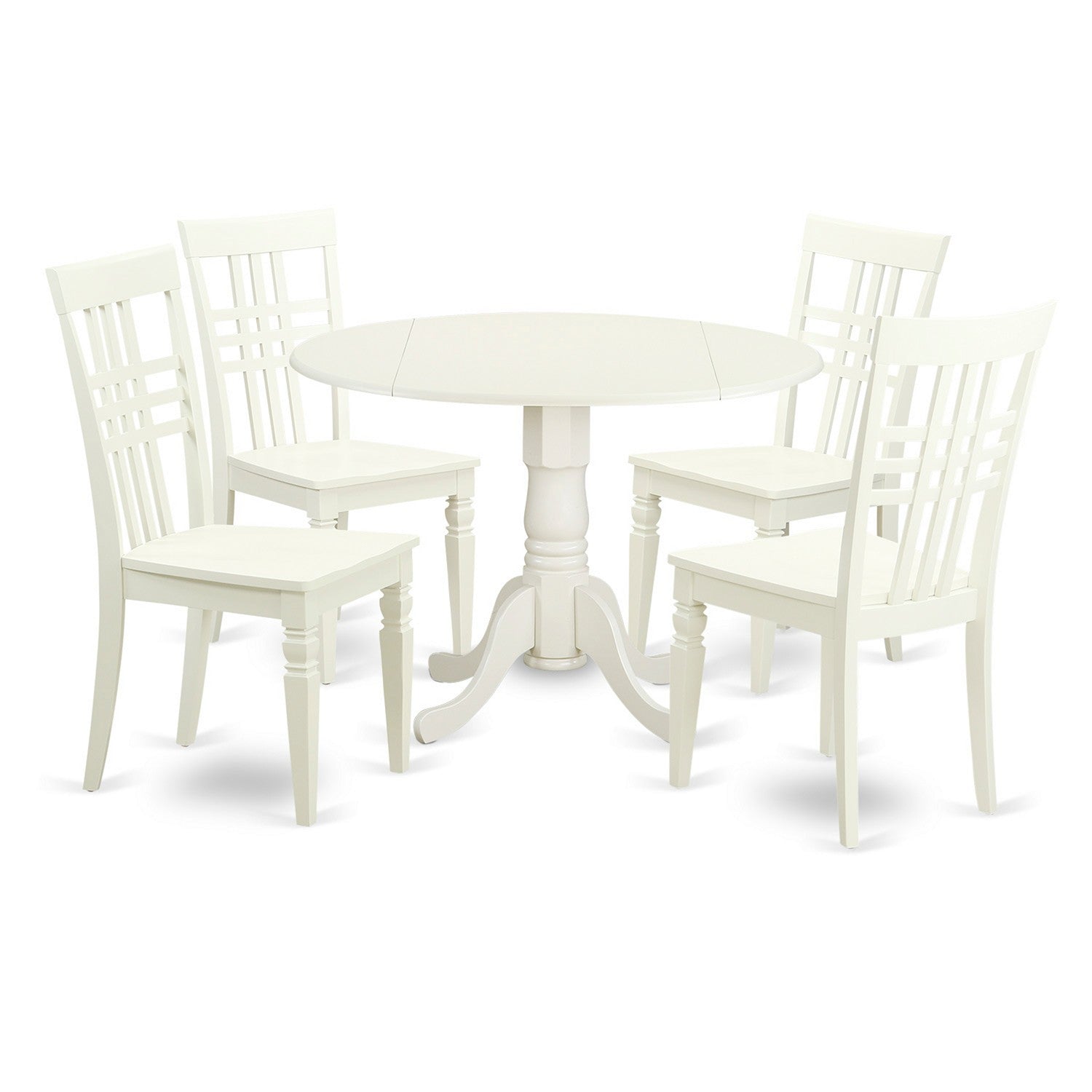 Juego de comedor de 5 piezas East West Furniture DLLG5-LWH-W. Incluye una mesa de comedor redonda con alas abatibles y 4 sillas con asiento de madera.