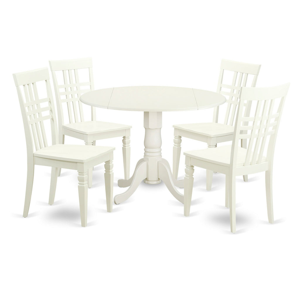 East West Furniture DLLG5-LWH-W 5 Piece Dining Room Furniture Set Includes a Round Dining Table with Dropleaf and 4 Wood Seat Chairs, 42x42 Inch, Linen White