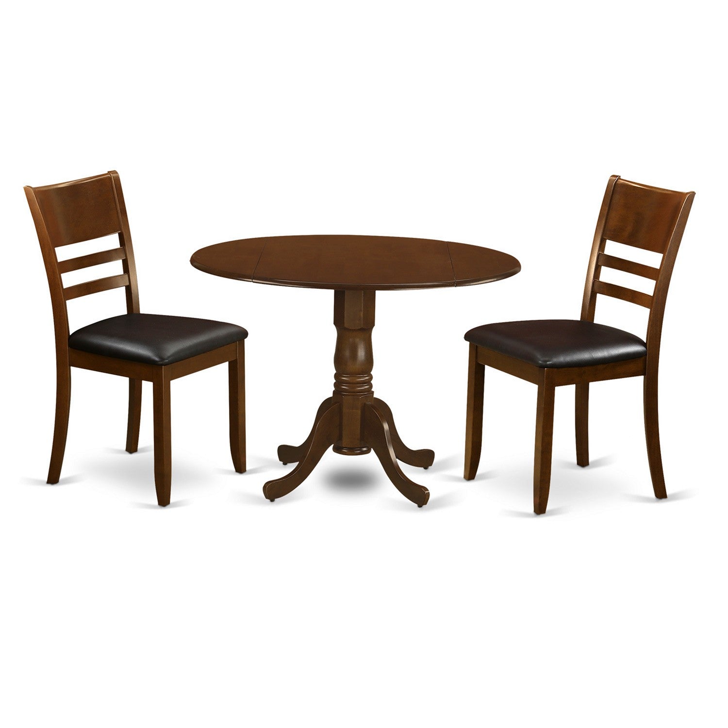 Juego de mesa de cocina de 3 piezas East West Furniture DLLY3-ESP-LC para espacios pequeños. Contiene una mesa de comedor redonda con alas abatibles y 2 sillas tapizadas en piel sintética.