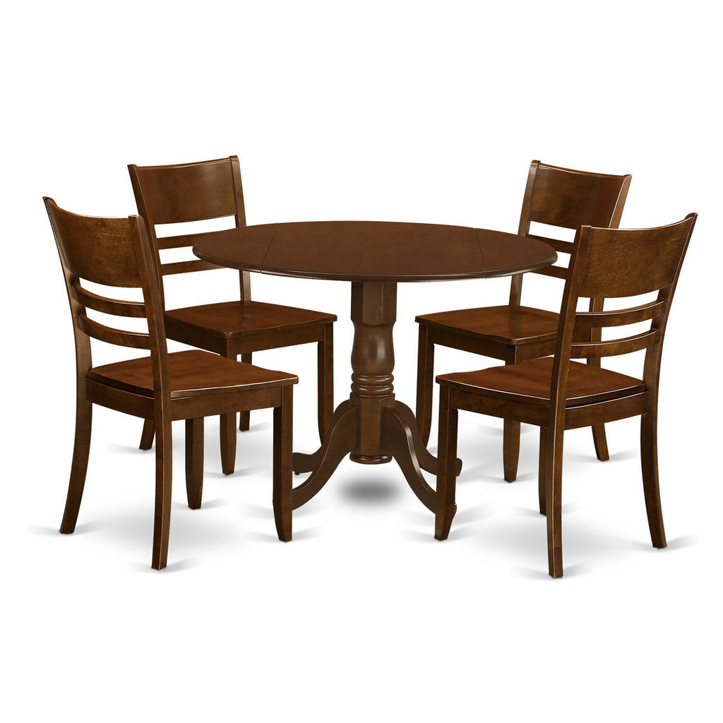 East West Furniture DLLY5-ESP-W 5 Piece Kitchen Table & Chairs Set Includes a Round Dining Table with Dropleaf and 4 Dining Room Chairs