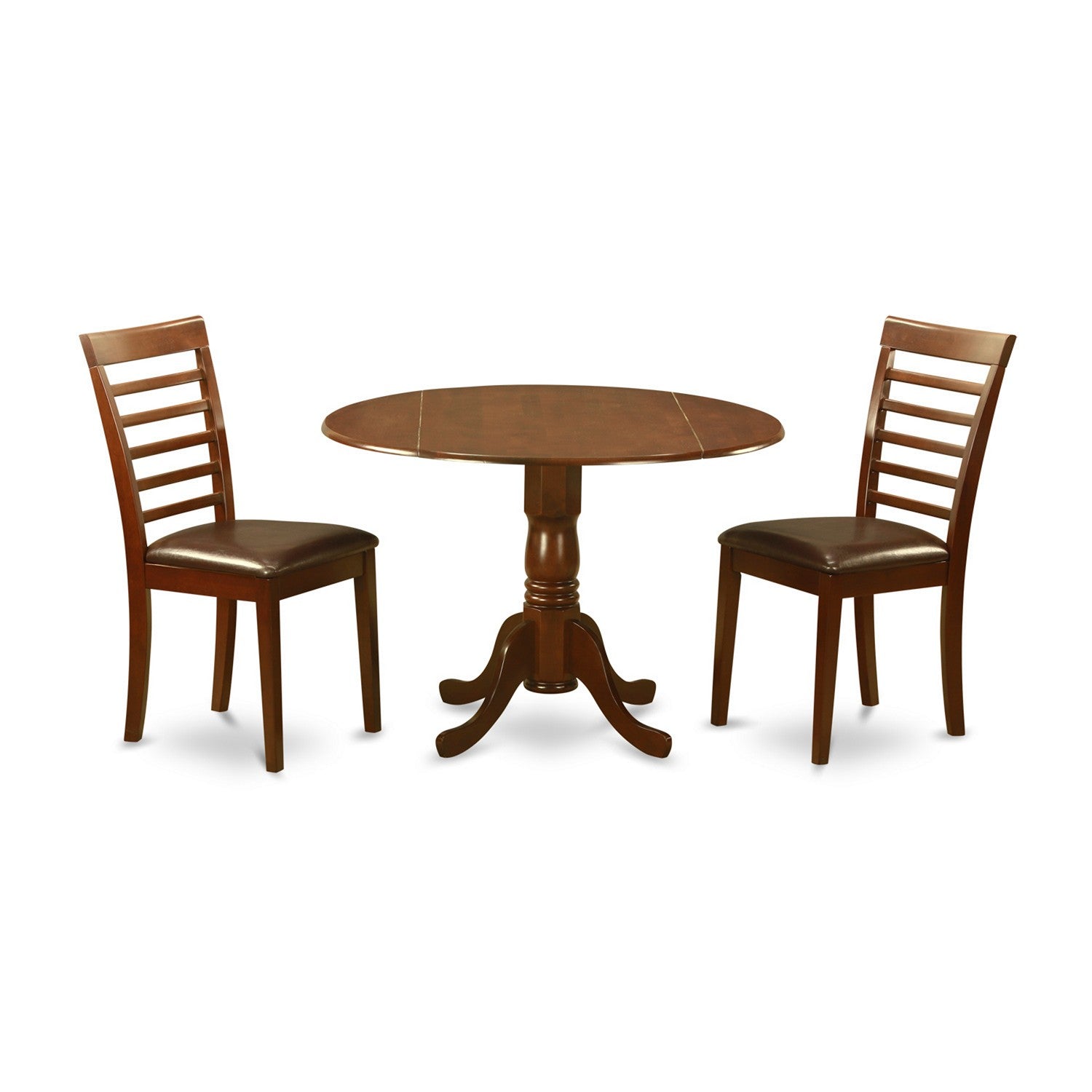 Juego de comedor de 3 piezas East West Furniture DLML3-MAH-LC. Incluye una mesa de cocina redonda con alas abatibles y dos sillas de comedor tapizadas en piel sintética.