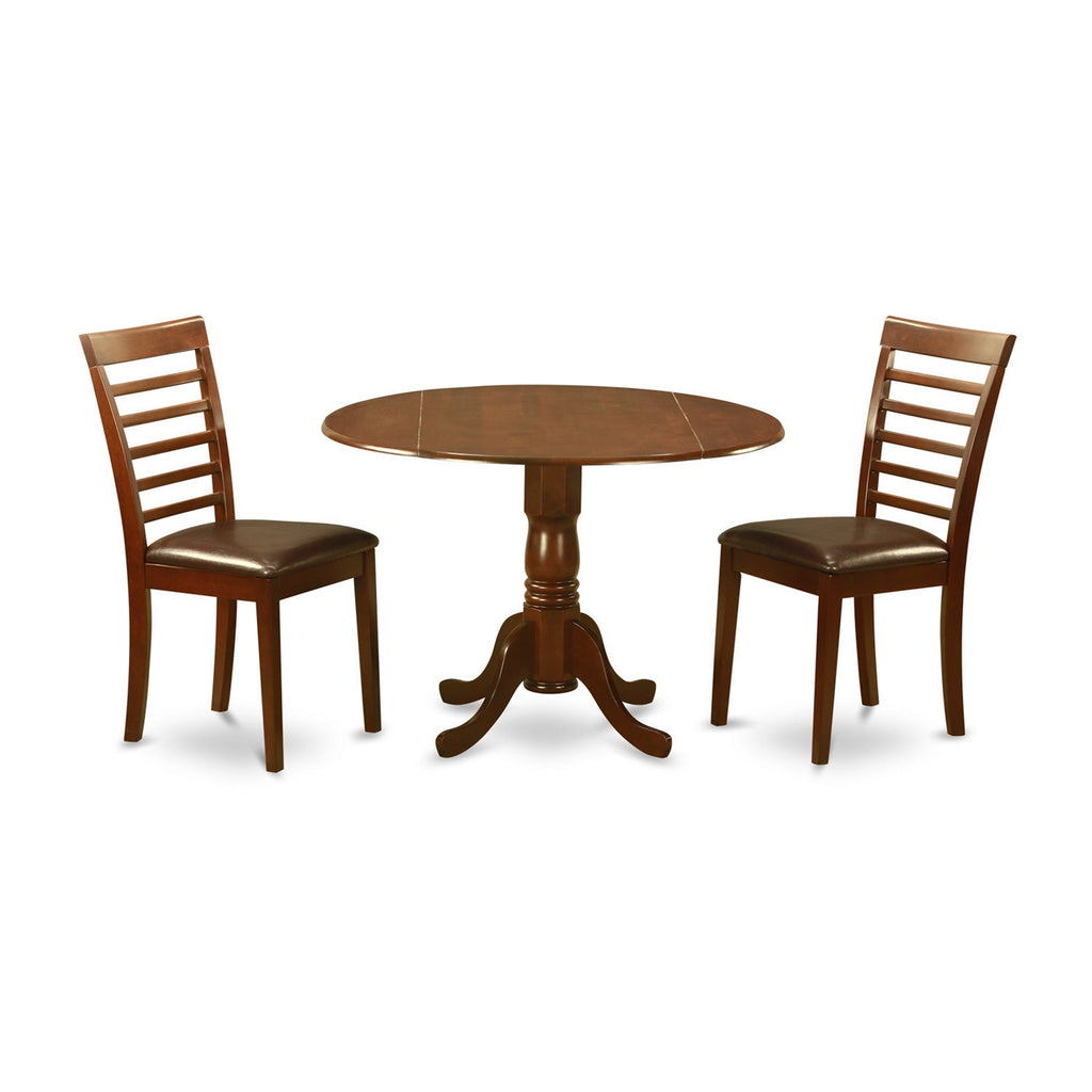 East West Furniture DLML3-MAH-LC 3 Piece Dining Room Furniture Set Contains a Round Kitchen Table with Dropleaf and 2 Faux Leather Upholstered Dining Chairs