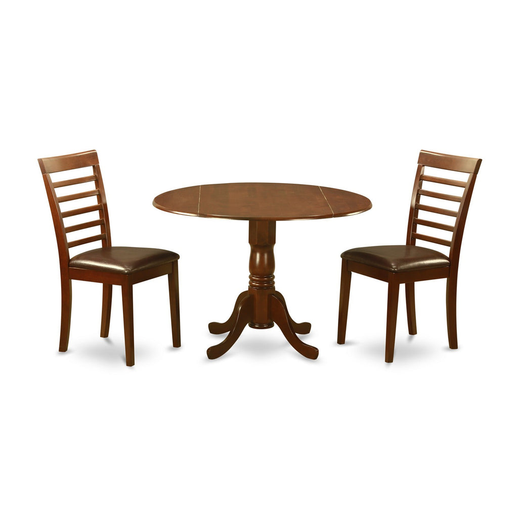 East West Furniture DLML3-MAH-LC 3 Piece Dining Room Furniture Set Contains a Round Kitchen Table with Dropleaf and 2 Faux Leather Upholstered Dining Chairs, 42x42 Inch, Mahogany