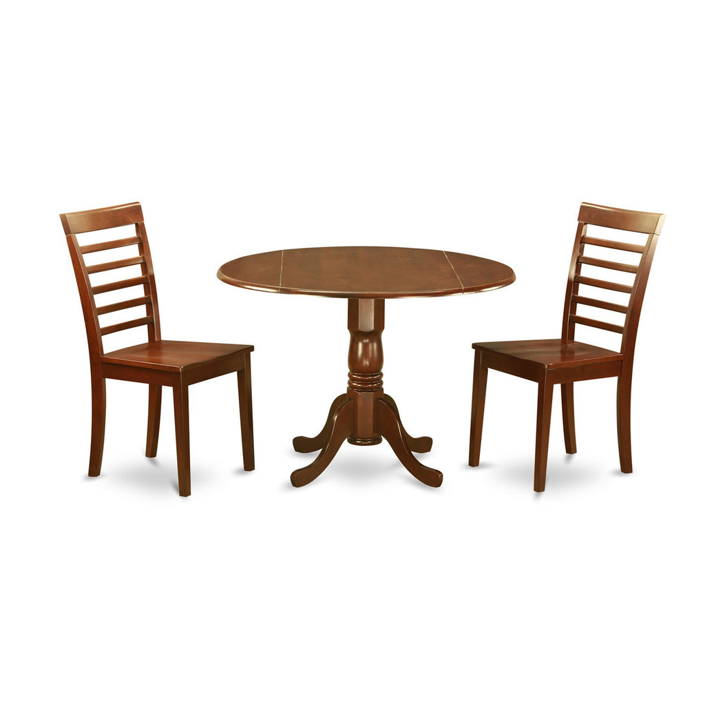 East West Furniture DLML3-MAH-W 3 Piece Modern Dining Table Set Contains a Round Wooden Table with Dropleaf and 2 Kitchen Dining Chairs