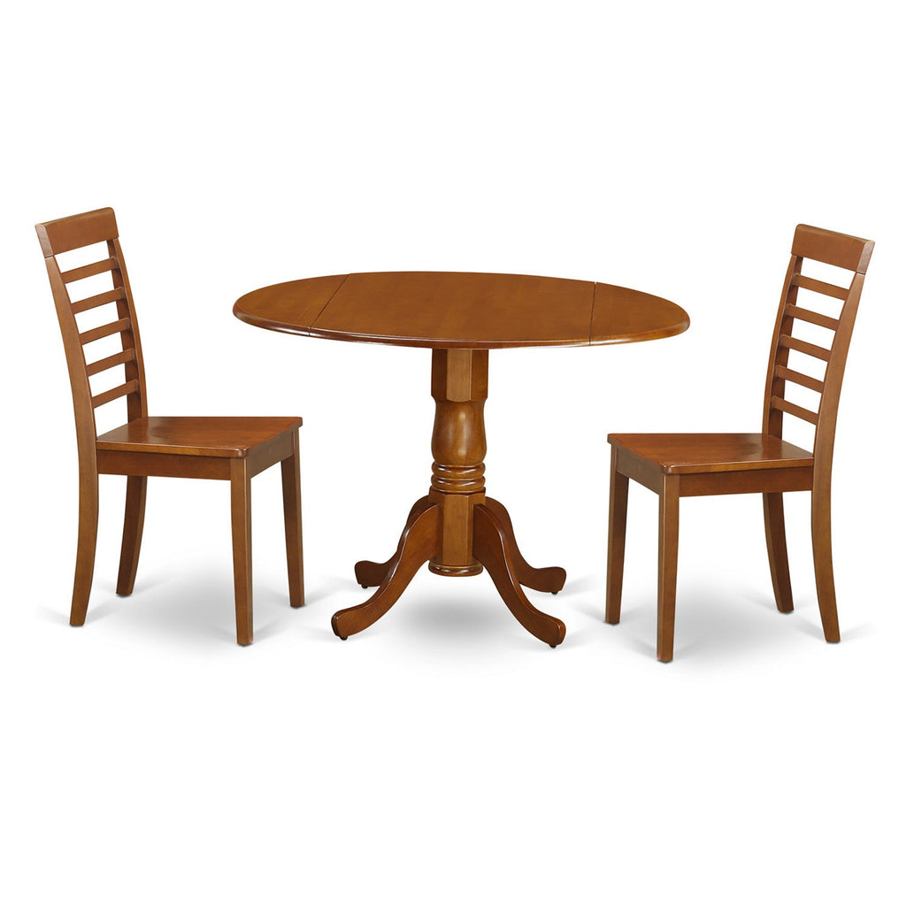 Juego de mesa de cocina de 3 piezas East West Furniture DLML3-SBR-W para espacios pequeños. Contiene una mesa de comedor redonda con alas abatibles y 2 sillas de comedor.