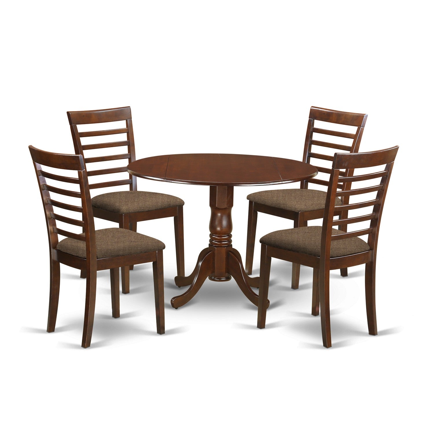 Juego de mesa de comedor de 5 piezas para 4 personas East West Furniture DLML5-MAH-C. Incluye una mesa de cocina redonda con alas abatibles y 4 sillas de comedor tapizadas en tela de lino.