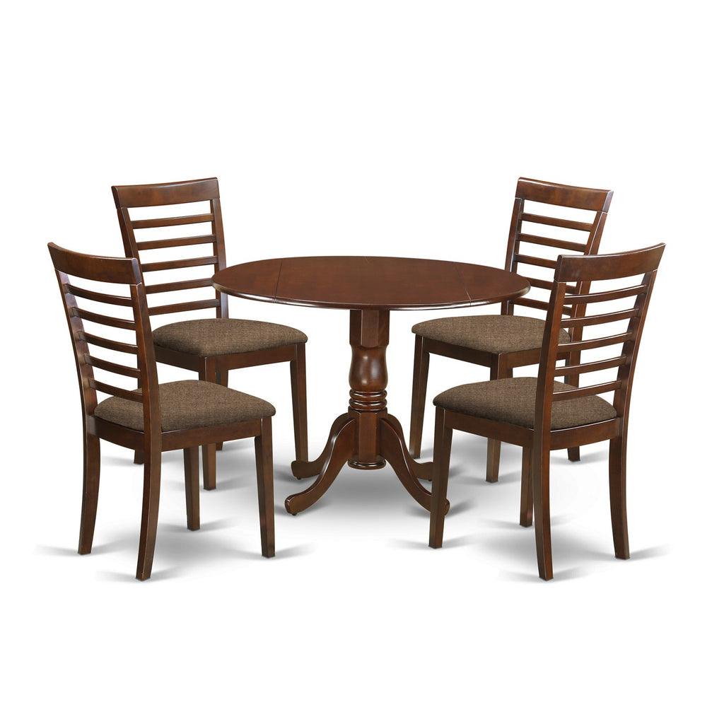 East West Furniture DLML5-MAH-C 5 Piece Dining Table Set for 4 Includes a Round Kitchen Table with Dropleaf and 4 Linen Fabric Upholstered Dinette Chairs