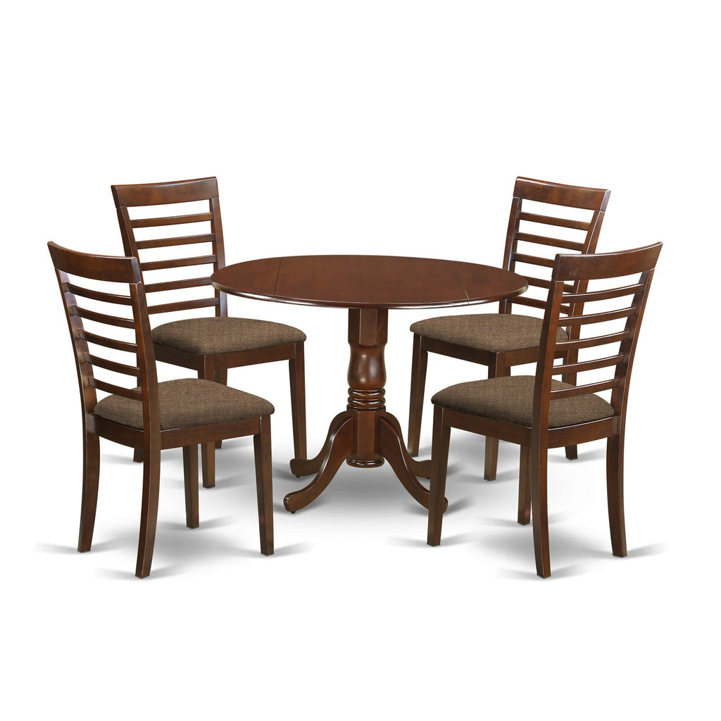 East West Furniture DLML5-MAH-C 5 Piece Dining Table Set for 4 Includes a Round Kitchen Table with Dropleaf and 4 Linen Fabric Upholstered Dinette Chairs, 42x42 Inch, Mahogany