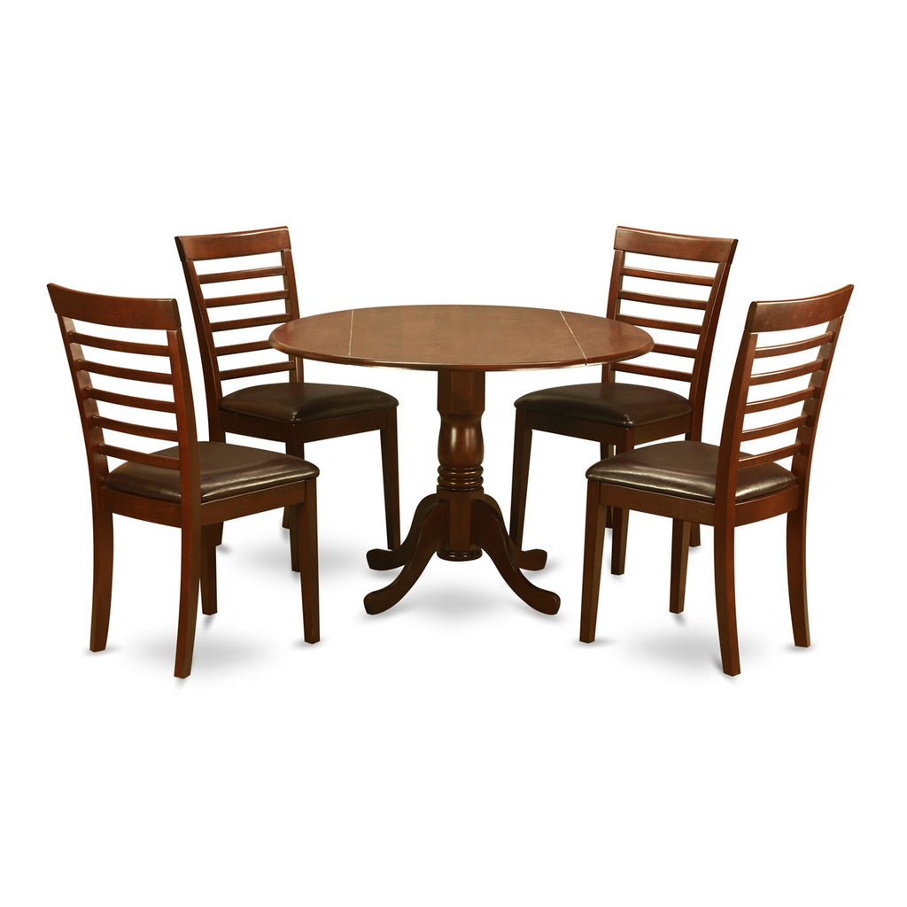El juego de mesa de comedor moderno de 5 piezas East West Furniture DLML5-MAH-LC incluye una mesa redonda de madera con alas abatibles y 4 sillas de comedor tapizadas en piel sintética.
