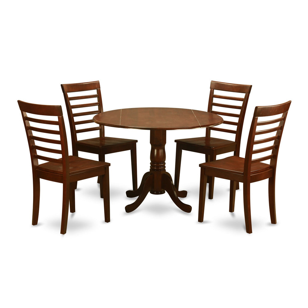 El juego de mesa de comedor moderno de 5 piezas East West Furniture DLML5-MAH-W incluye una mesa redonda de madera con alas abatibles y 4 sillas de comedor de cocina.