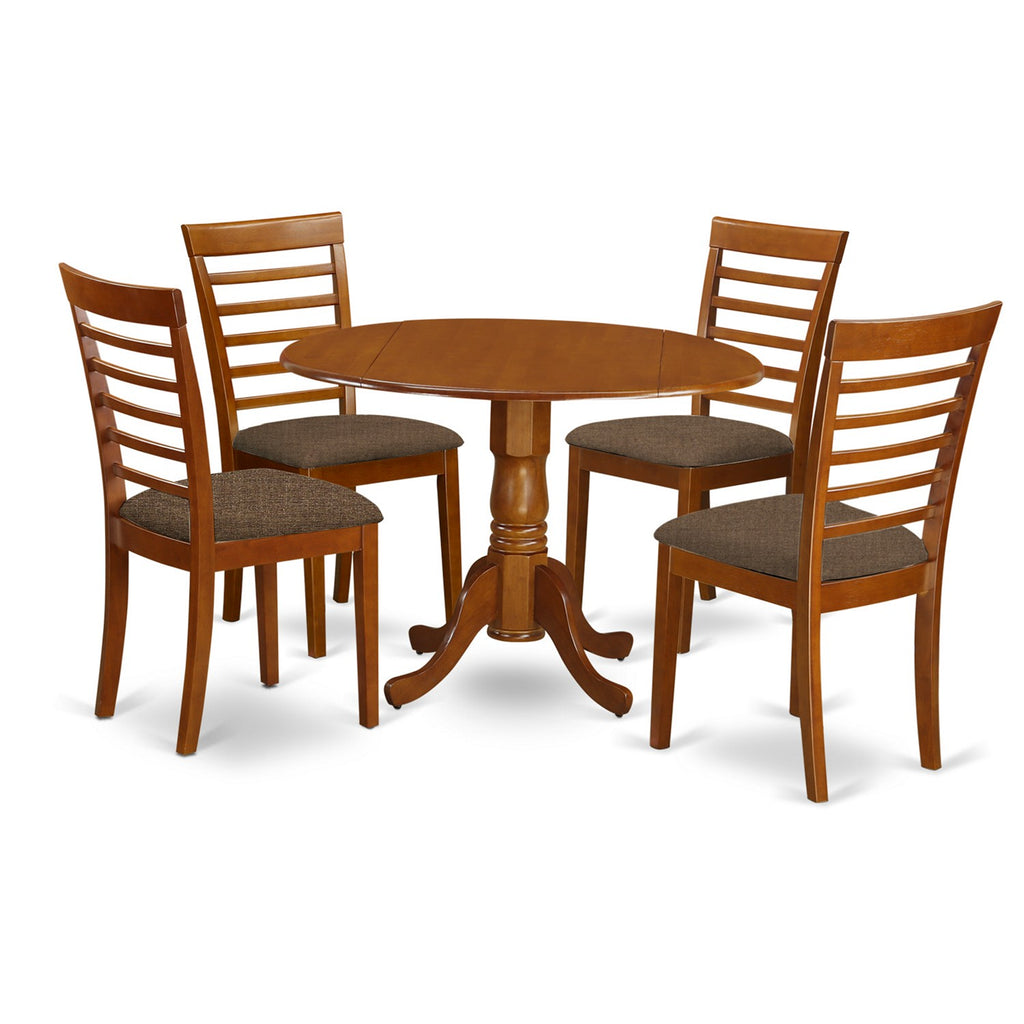 East West Furniture DLML5-SBR-C 5 Piece Dinette Set for 4 Includes a Round Dining Room Table with Dropleaf and 4 Linen Fabric Upholstered Dining Chairs, 42x42 Inch, Saddle Brown