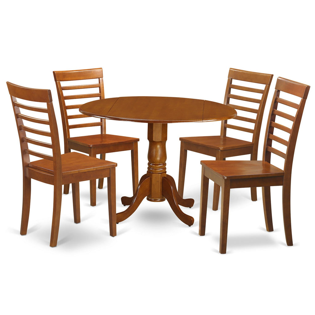 East West Furniture DLML5-SBR-W 5 Piece Kitchen Table & Chairs Set Includes a Round Dining Table with Dropleaf and 4 Dining Room Chairs, 42x42 Inch, Saddle Brown