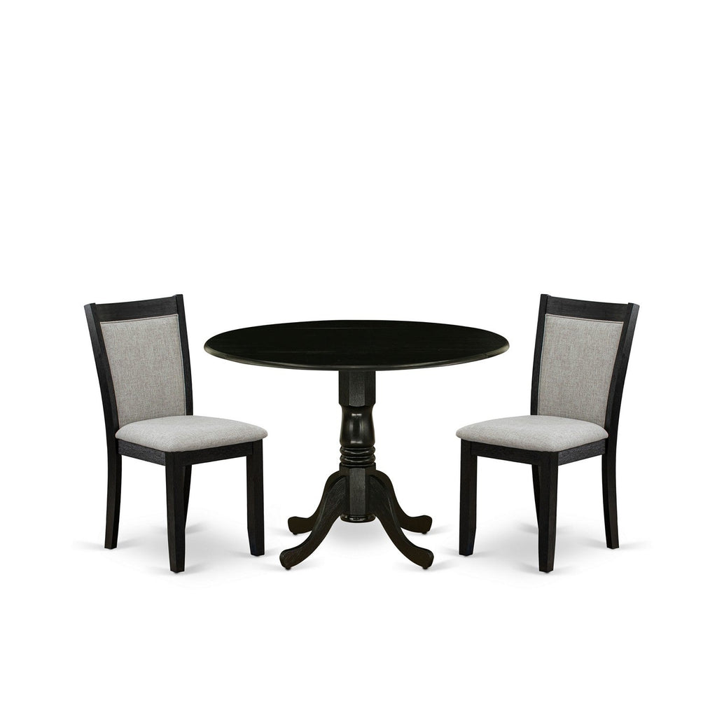 East West Furniture DLMZ3-AB6-06 3 Piece Modern Dining Table Set Contains a Round Wooden Table with Dropleaf and 2 Shitake Linen Fabric Parsons Dining Chairs, 42x42 Inch, Wirebrushed Black