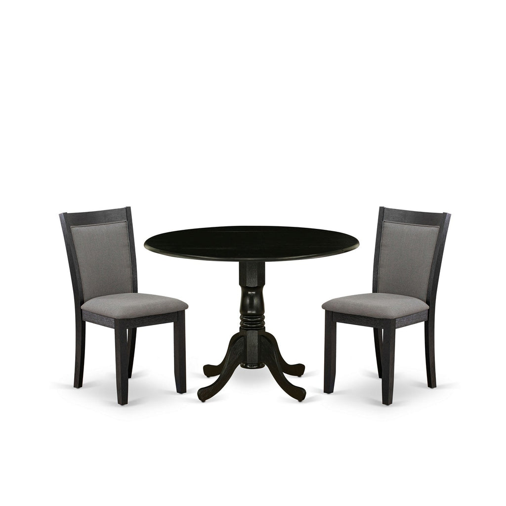 East West Furniture DLMZ3-AB6-50 3 Piece Dining Table Set Contains a Round Dining Room Table with Dropleaf and 2 Dark Gotham Grey Linen Fabric Upholstered Chairs, 42x42 Inch, Wirebrushed Black