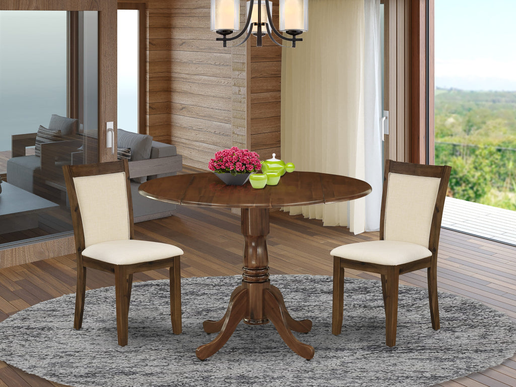 Juego de mesa de cocina de 3 piezas East West Furniture DLMZ3-AWA-32 para espacios pequeños. Consta de una mesa redonda de madera con alas abatibles y dos sillas Parson tapizadas.