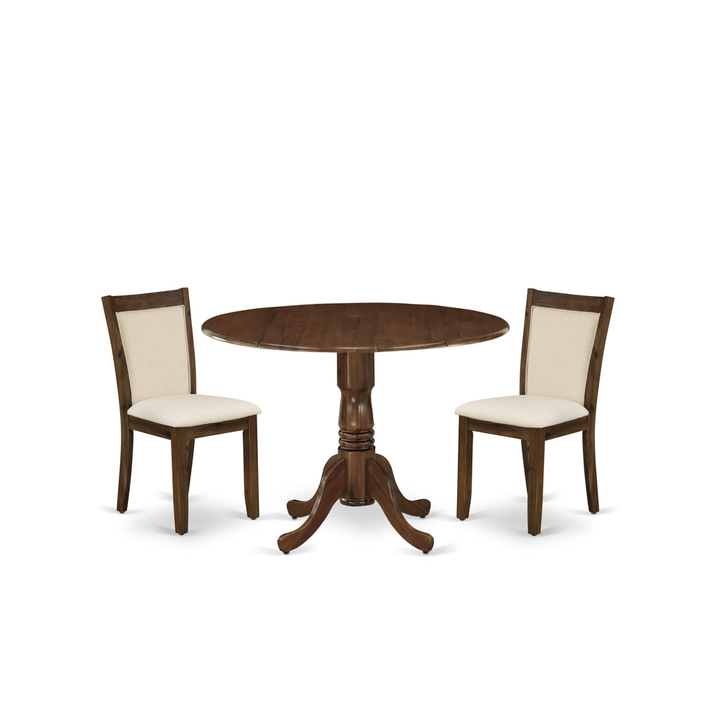 Juego de mesa de cocina de 3 piezas East West Furniture DLMZ3-AWA-32 para espacios pequeños. Consta de una mesa redonda de madera con alas abatibles y dos sillas Parson tapizadas.