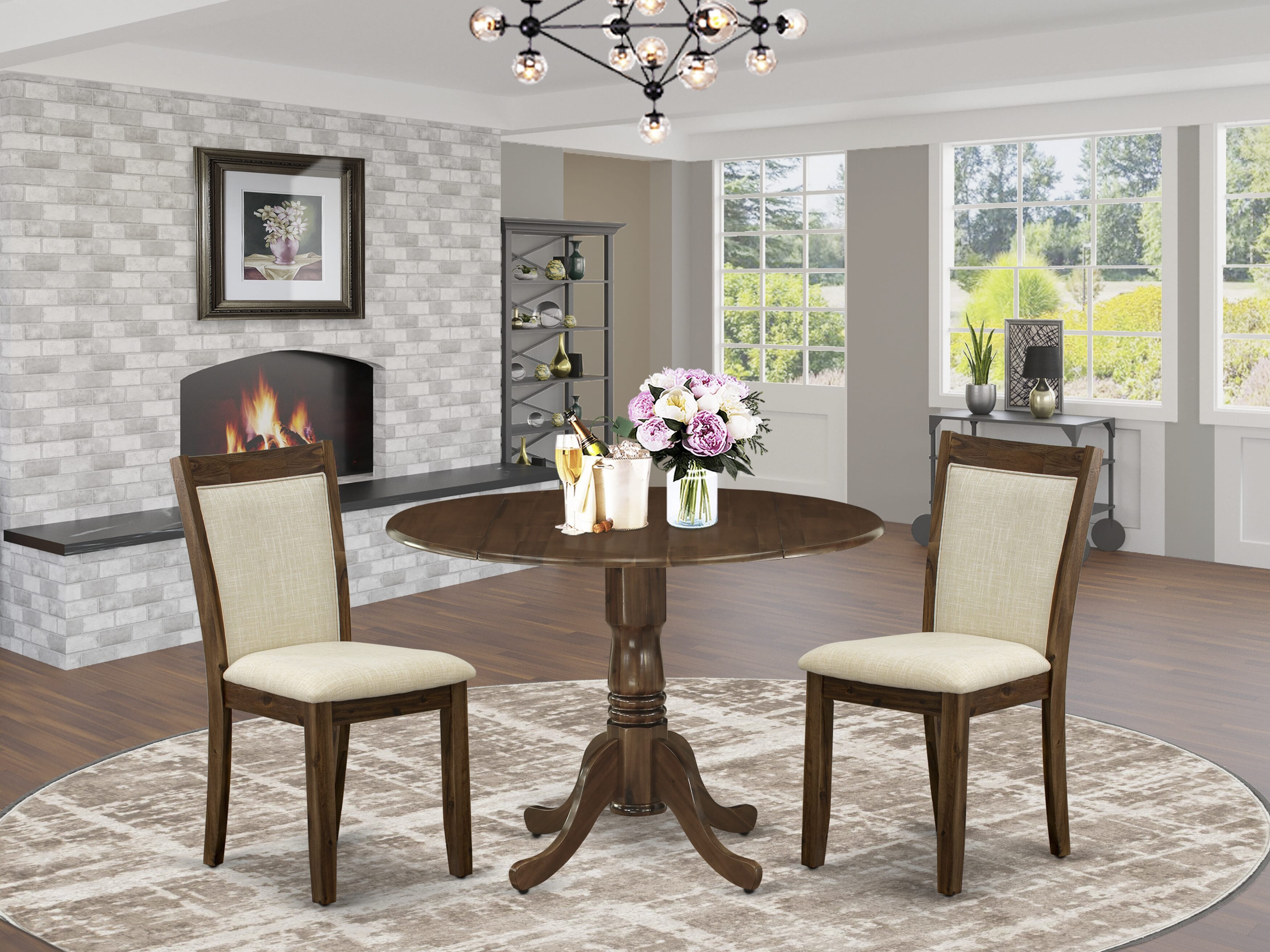 East West Furniture DLMZ3-AWN-02 3-Piece Dining Set Consists of a Kitchen Table with Drop Leaves and 2 Light Baige Linen Fabric Dining Room Chairs - Sand Blasting Antique Walnut Finish