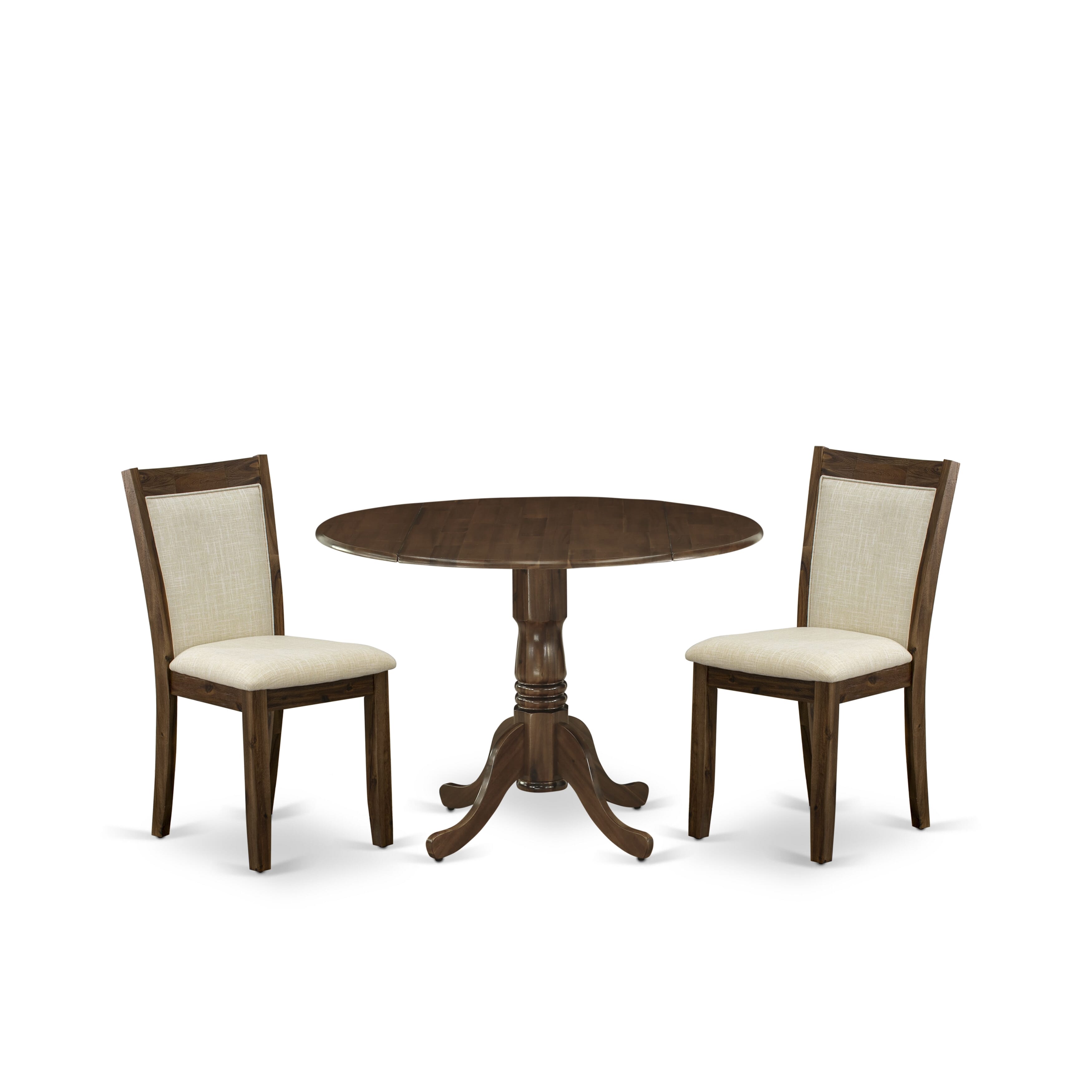 East West Furniture DLMZ3-AWN-02 3-Piece Dining Set Consists of a Kitchen Table with Drop Leaves and 2 Light Baige Linen Fabric Dining Room Chairs - Sand Blasting Antique Walnut Finish