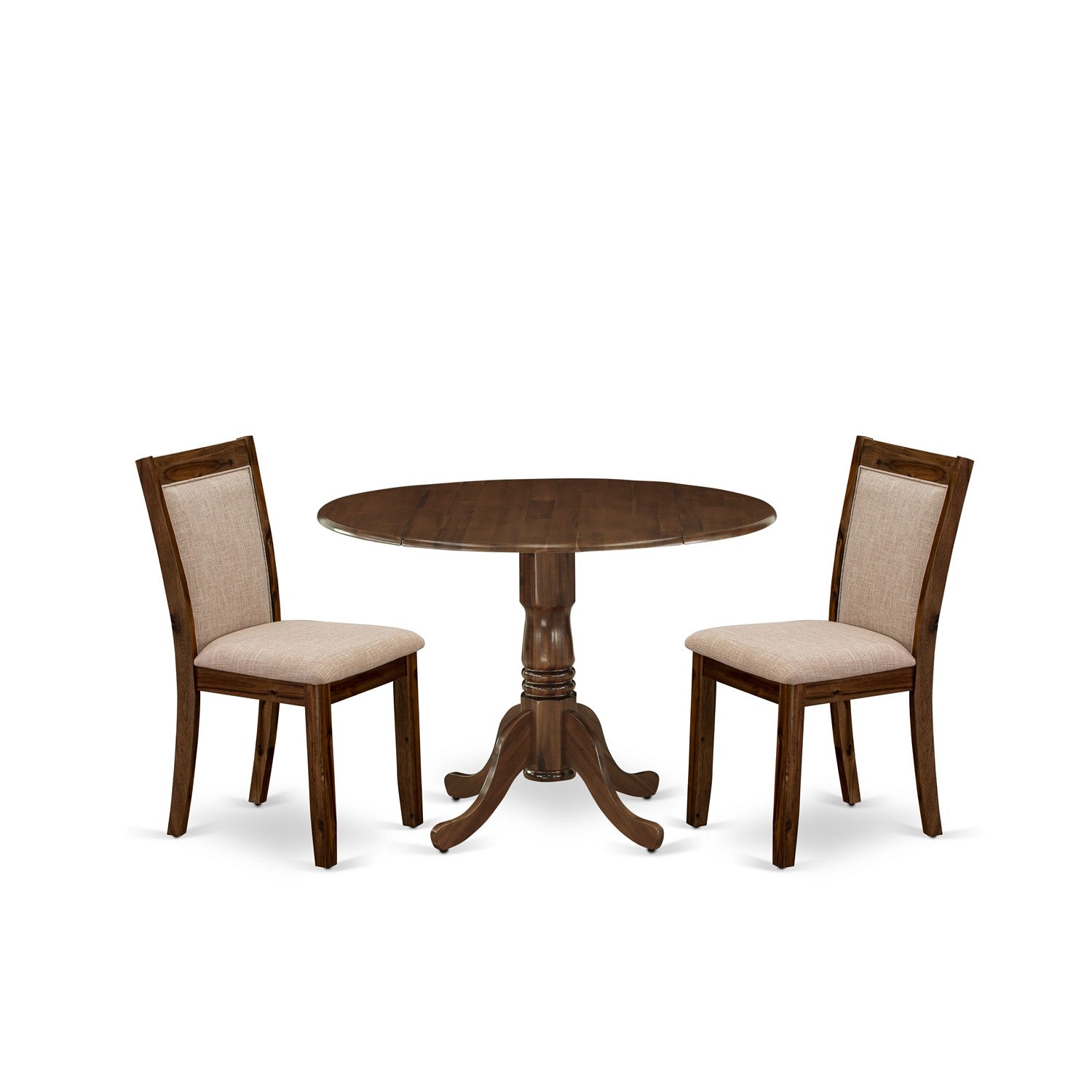 East West Furniture DLMZ3-AWN-04 3-Piece Dining Room Set Consists of a Pedestal Table with Drop Leaves and 2 Light Tan Linen Fabric Dining Chairs - Sand Blasting Antique Walnut Finish