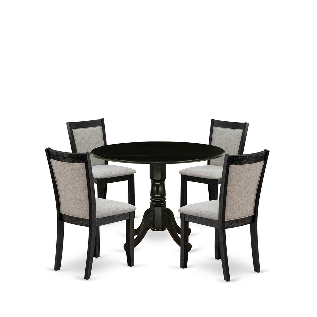 East West Furniture DLMZ5-AB6-06 5 Piece Dinette Set for 4 Includes a Round Dining Room Table with Dropleaf and 4 Shitake Linen Fabric Parsons Dining Chairs, 42x42 Inch, Wirebrushed Black