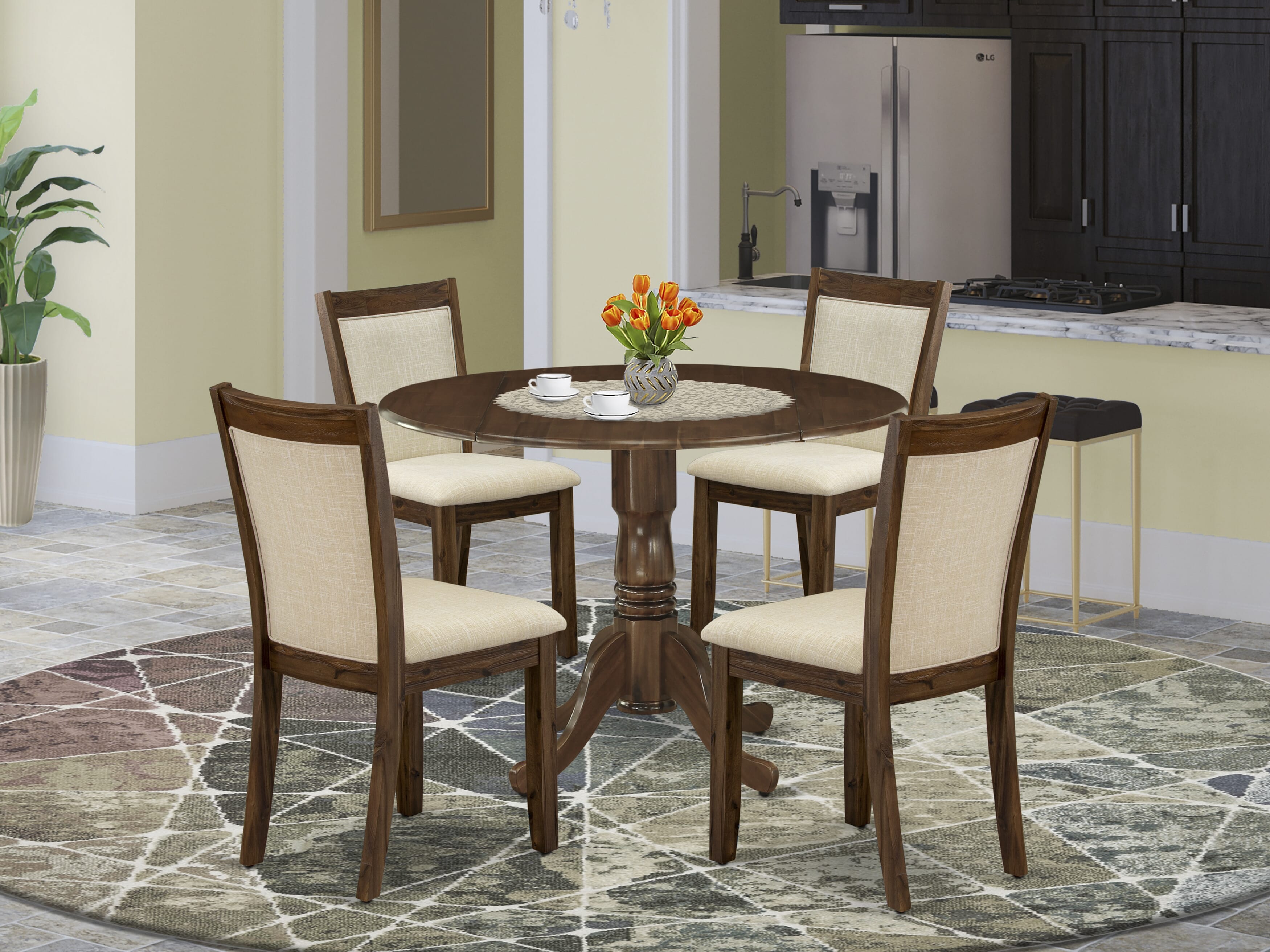East West Furniture DLMZ5-AWN-02 5-Pc Dinette Room Set Consists of a Dining Table with Drop Leaves and 4 Light Baige Linen Fabric Kitchen Chairs - Sand Blasting Antique Walnut Finish