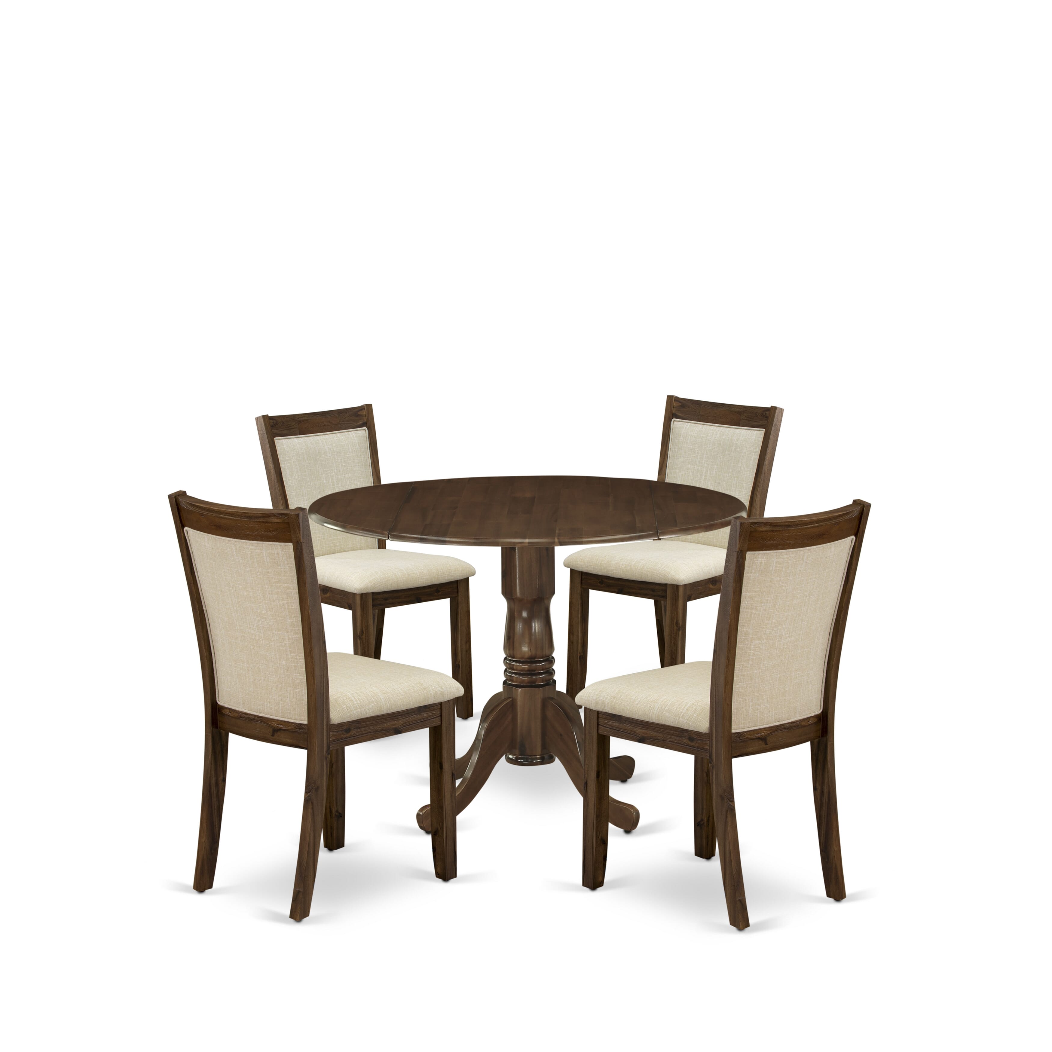 East West Furniture DLMZ5-AWN-02 5-Pc Dinette Room Set Consists of a Dining Table with Drop Leaves and 4 Light Baige Linen Fabric Kitchen Chairs - Sand Blasting Antique Walnut Finish