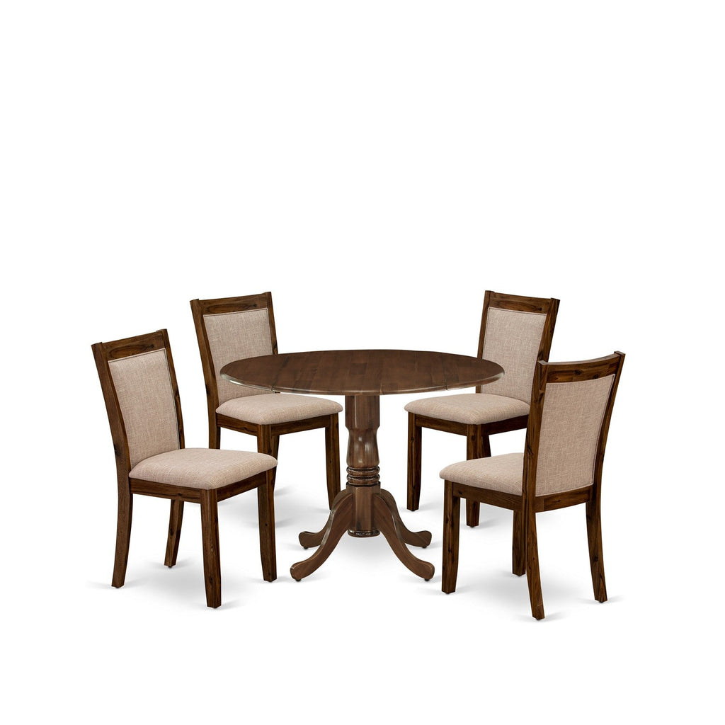 East West Furniture DLMZ5-AWN-04 5 Piece Kitchen Table Set for 4 Includes a Round Dining Room Table with Dropleaf and 4 Light Tan Linen Fabric Parsons Dining Chairs