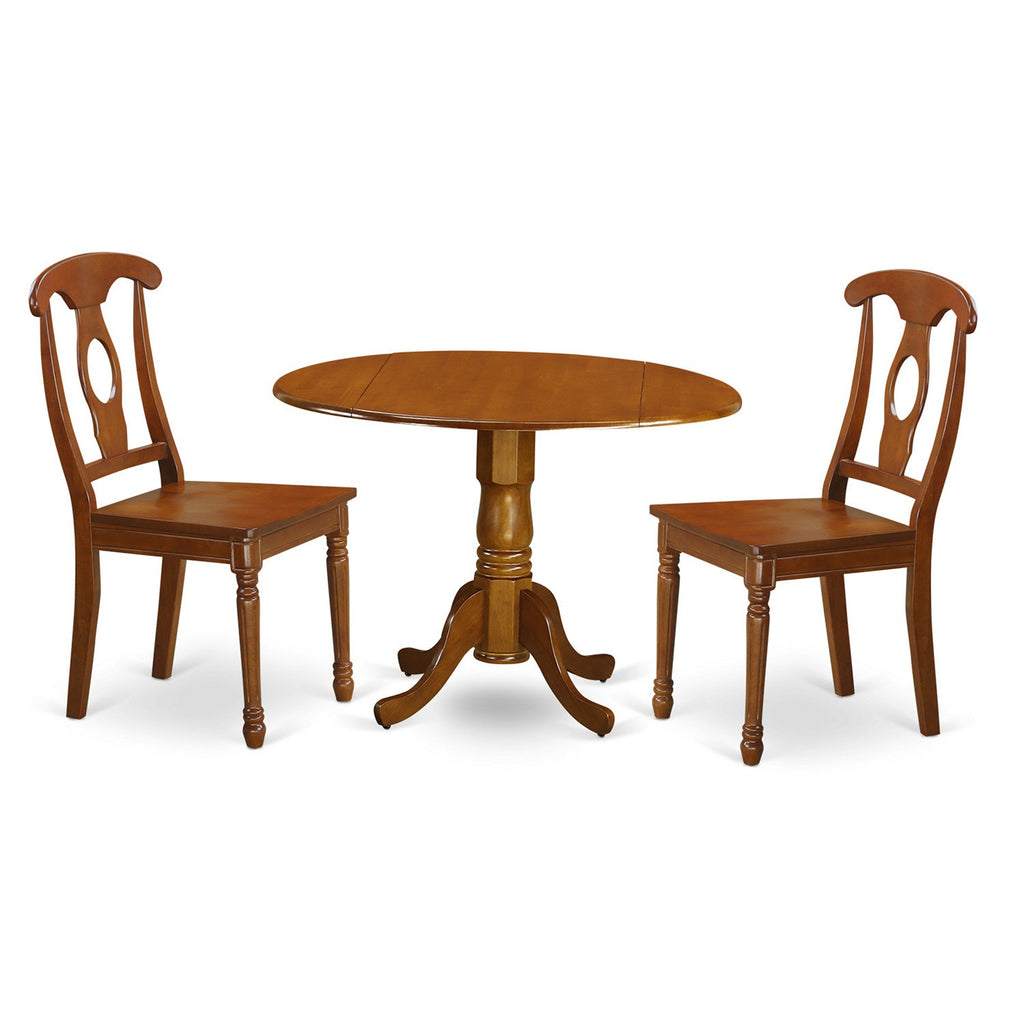 East West Furniture DLNA3-SBR-W 3 Piece Dinette Set for Small Spaces Contains a Round Dining Table with Dropleaf and 2 Dining Room Chairs, 42x42 Inch, Saddle Brown