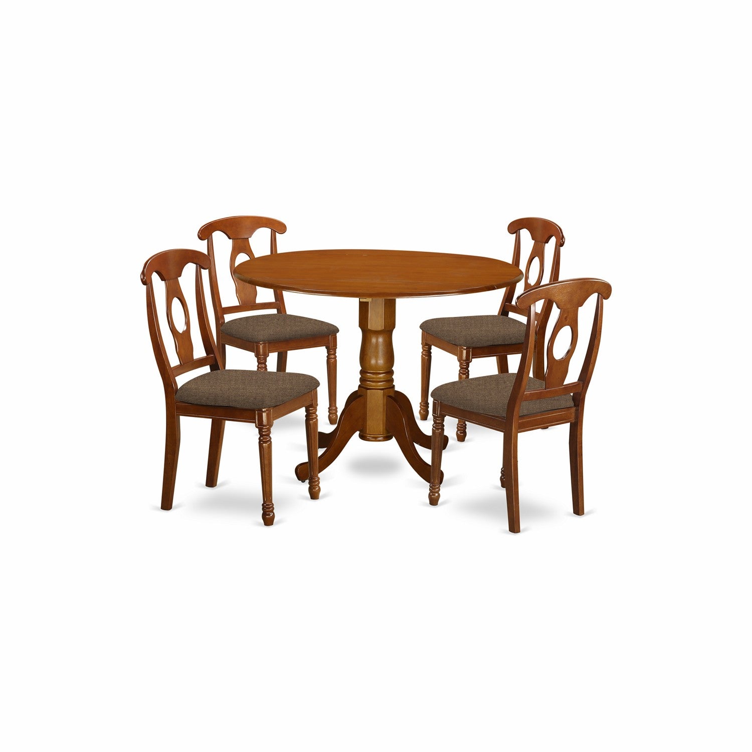 El juego de mesa y sillas de cocina de 5 piezas DLNA5-SBR-C de East West Furniture incluye una mesa de comedor redonda con alas abatibles y 4 sillas tapizadas en tela de lino.