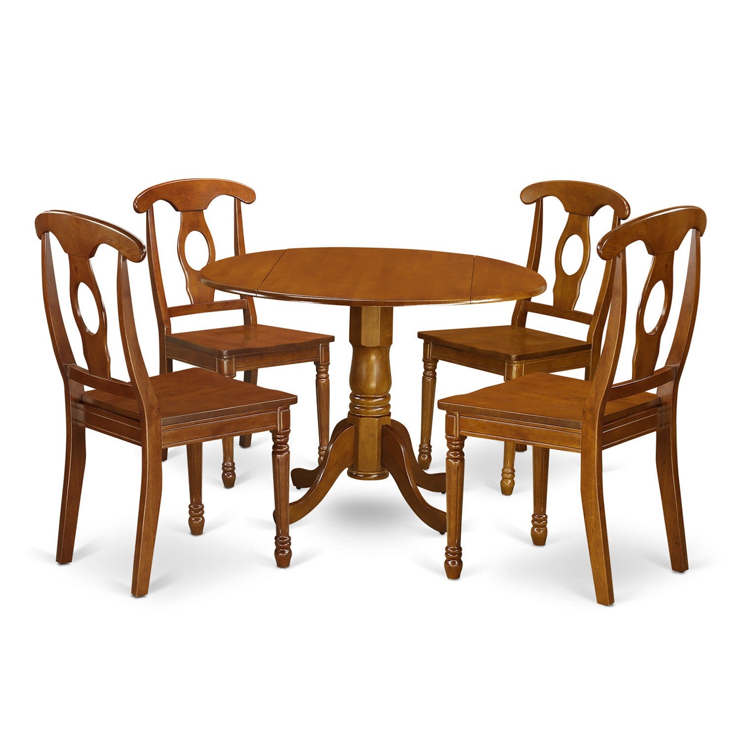El juego de comedor de 5 piezas DLNA5-SBR-W de East West Furniture incluye una mesa de comedor redonda con alas abatibles y 4 sillas con asiento de madera.