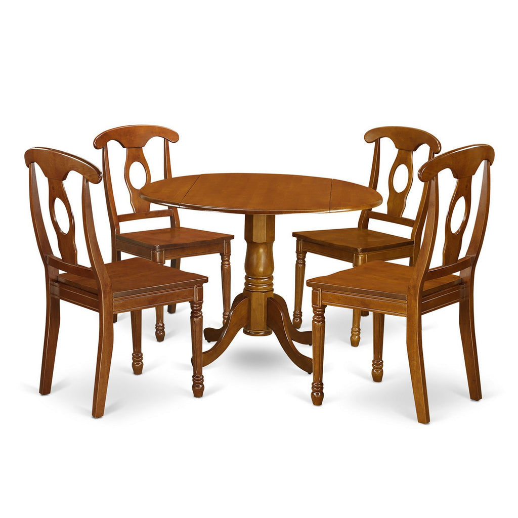 El juego de comedor de 5 piezas DLNA5-SBR-W de East West Furniture incluye una mesa de comedor redonda con alas abatibles y 4 sillas con asiento de madera.