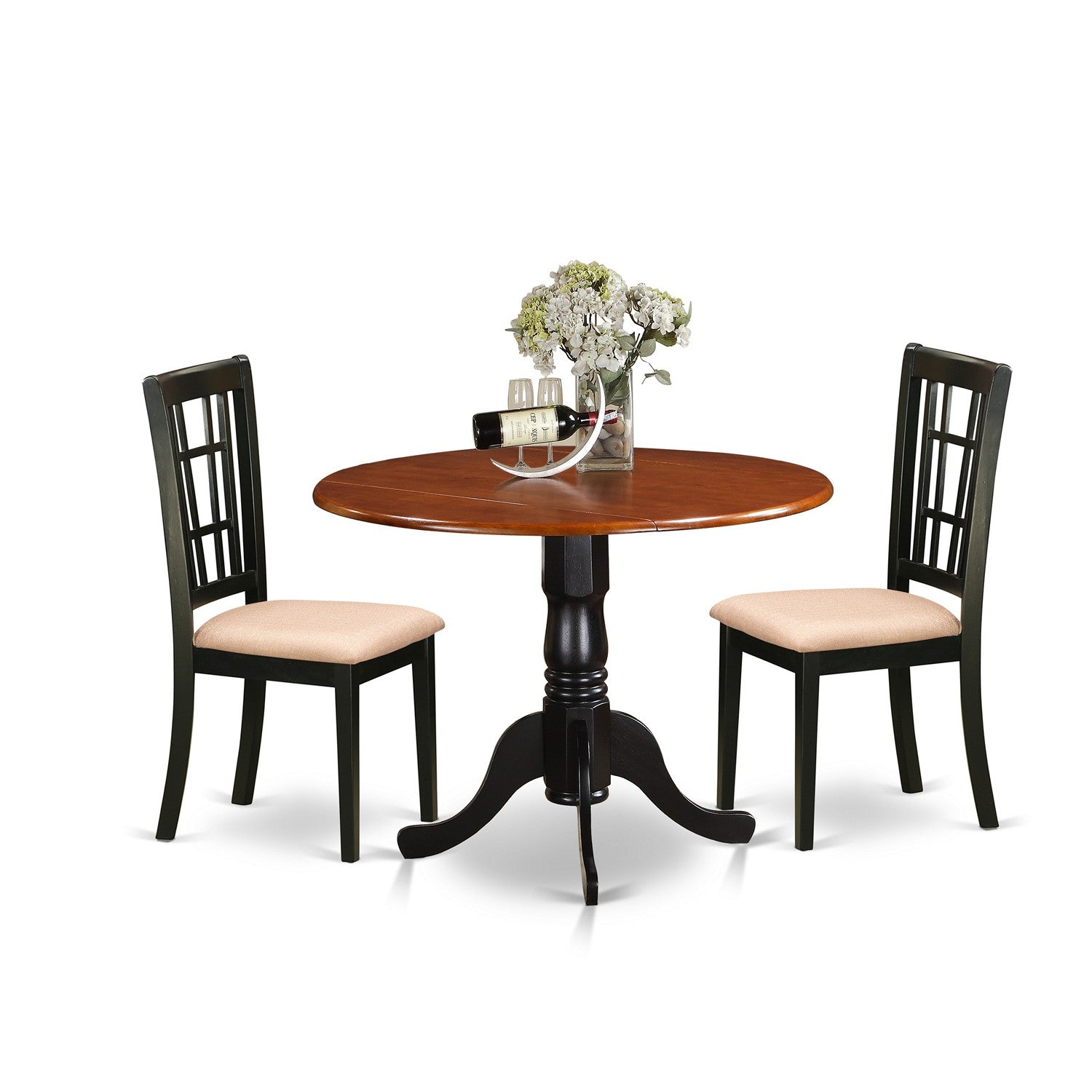 Juego de mesa de cocina de 3 piezas DLNI3-BCH-C de East West Furniture para espacios pequeños. Incluye una mesa de comedor redonda con alas abatibles y dos sillas de comedor de tela de lino.