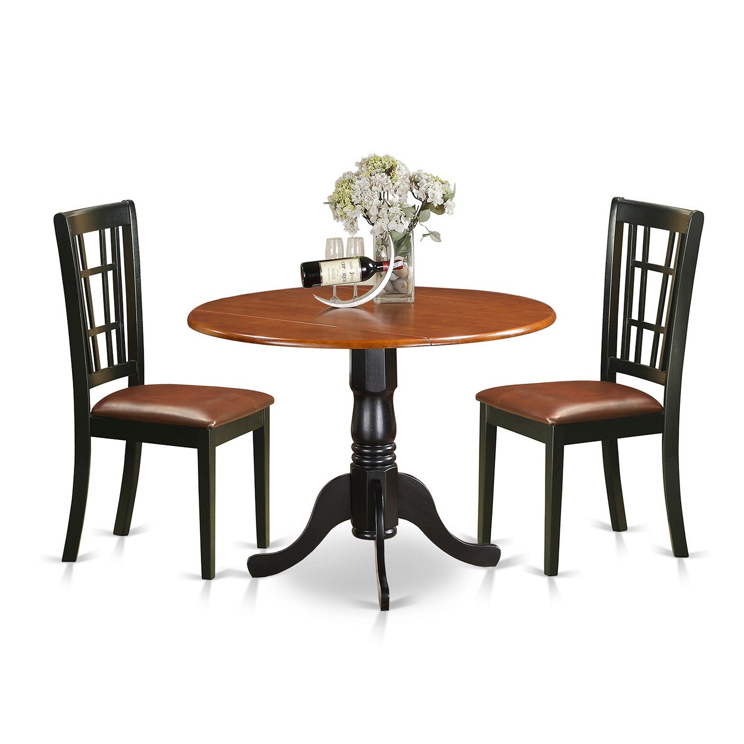 Juego de comedor de 3 piezas DLNI3-BCH-LC de East West Furniture. Contiene una mesa de comedor redonda con alas abatibles y 2 sillas tapizadas en piel sintética.