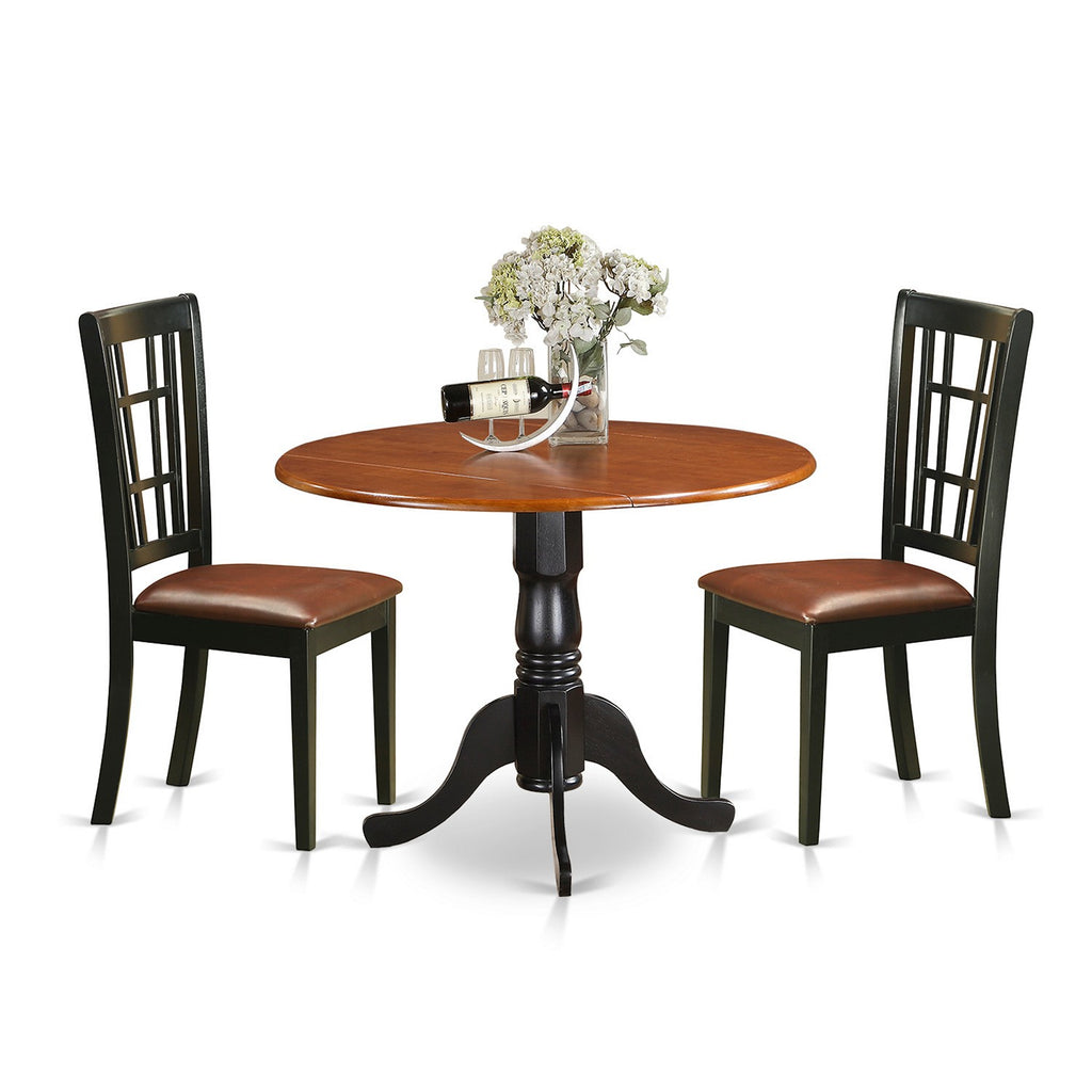 East West Furniture DLNI3-BCH-LC 3 Piece Dining Set Contains a Round Dining Room Table with Dropleaf and 2 Faux Leather Upholstered Chairs, 42x42 Inch, Black & Cherry