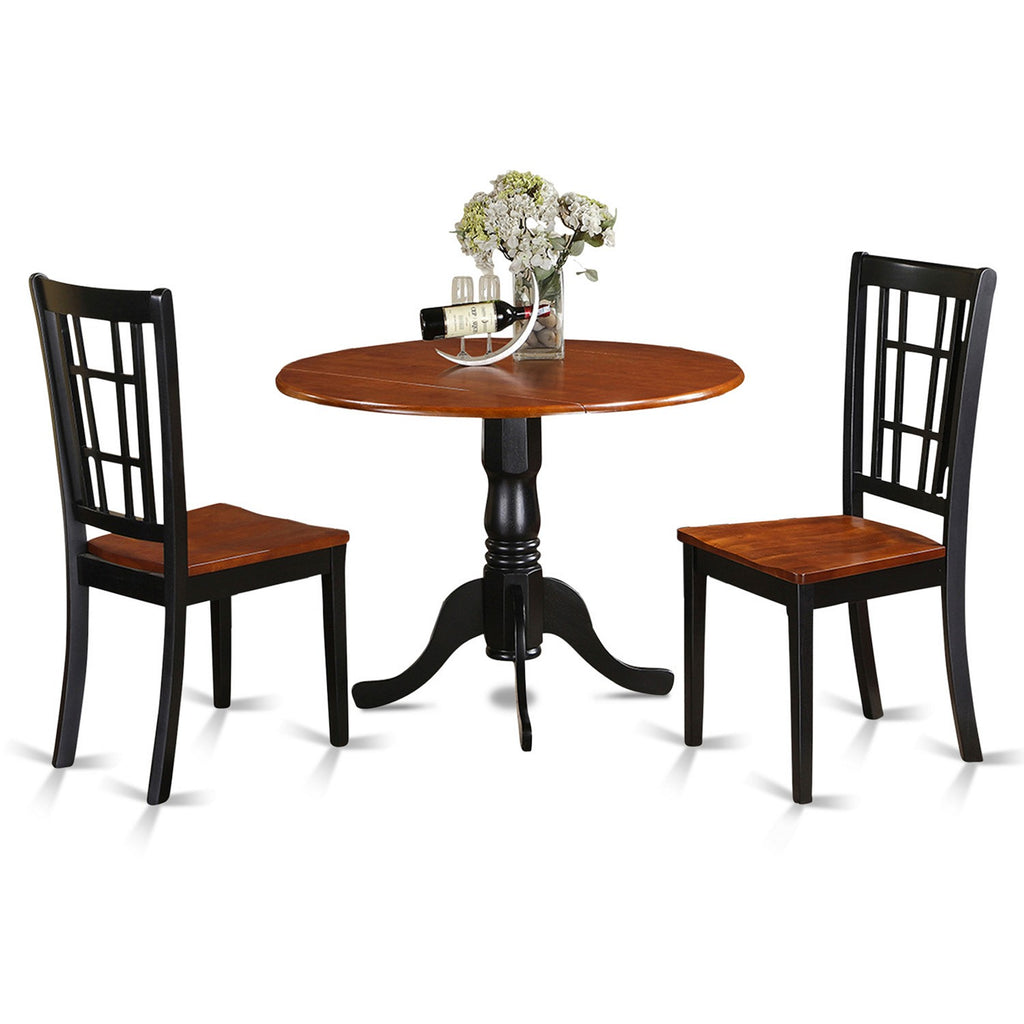 Juego de comedor de 3 piezas DLNI3-BCH-W de East West Furniture. Contiene una mesa de comedor redonda con alas abatibles y 2 sillas de cocina.