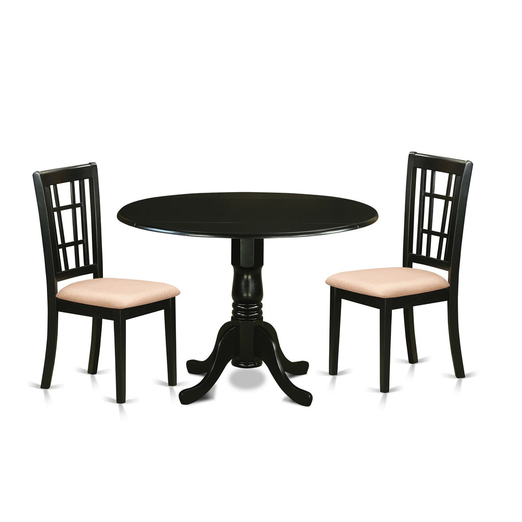 Juego de comedor de 3 piezas DLNI3-BLK-C de East West Furniture. Incluye una mesa de comedor redonda con alas abatibles y 2 sillas de cocina tapizadas en tela de lino.