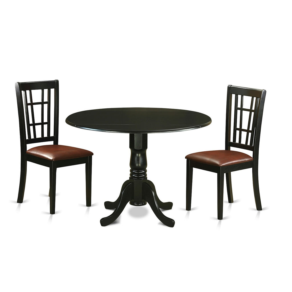 Juego de mesa de comedor de 3 piezas East West Furniture DLNI3-BLK-LC para espacios pequeños. Contiene una mesa de comedor redonda con alas abatibles y 2 sillas tapizadas en piel sintética.